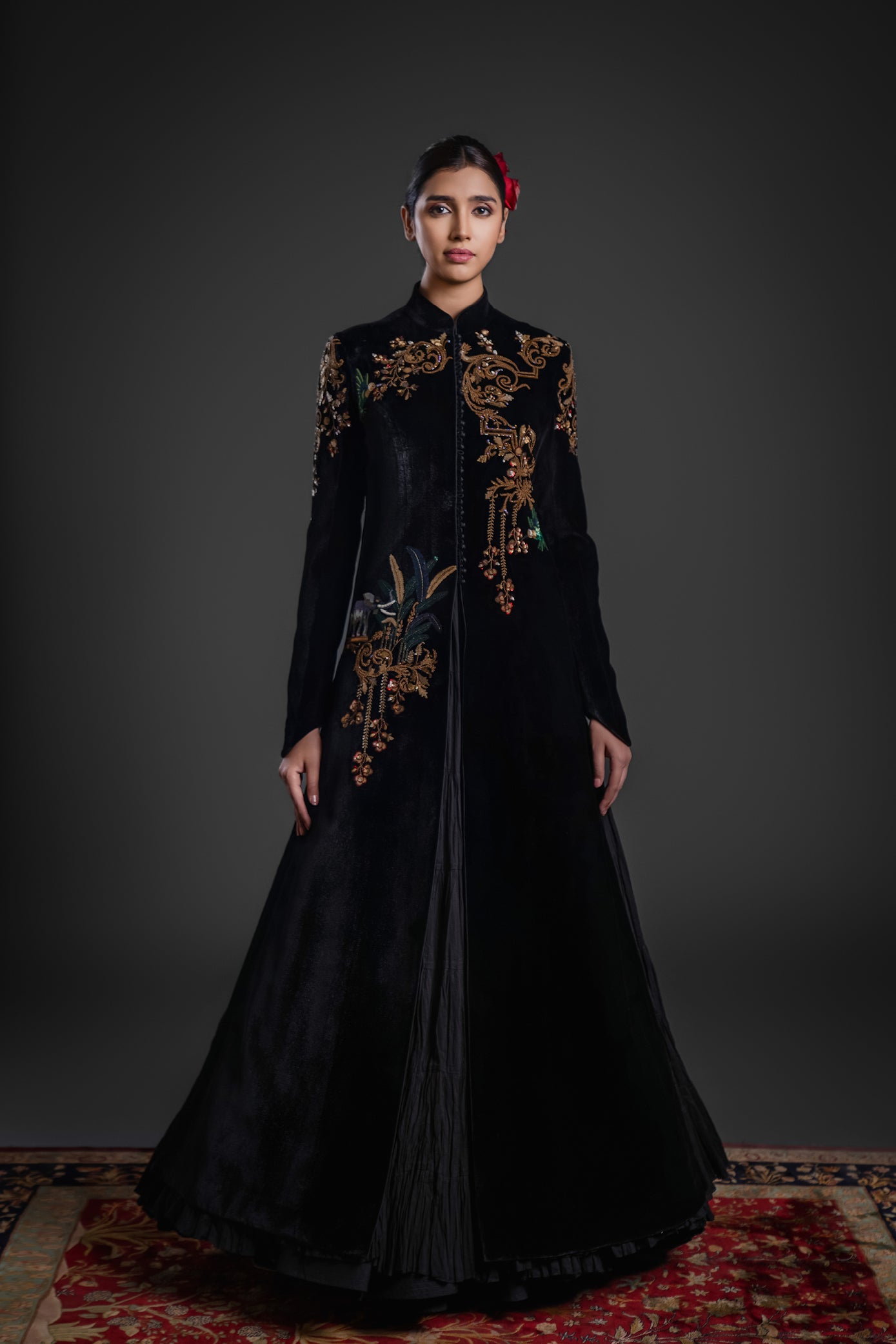 Black Velvet Long Jacket With Embroidery