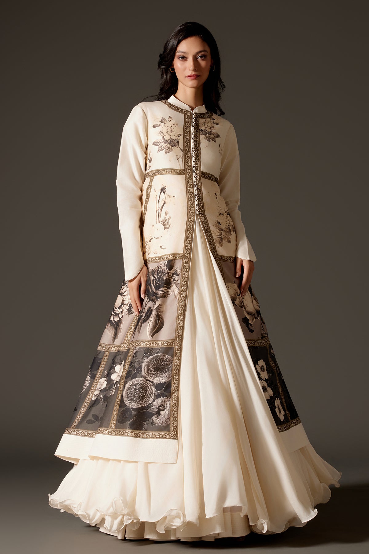 Chanderi Long Jacket With Floral Digital Print