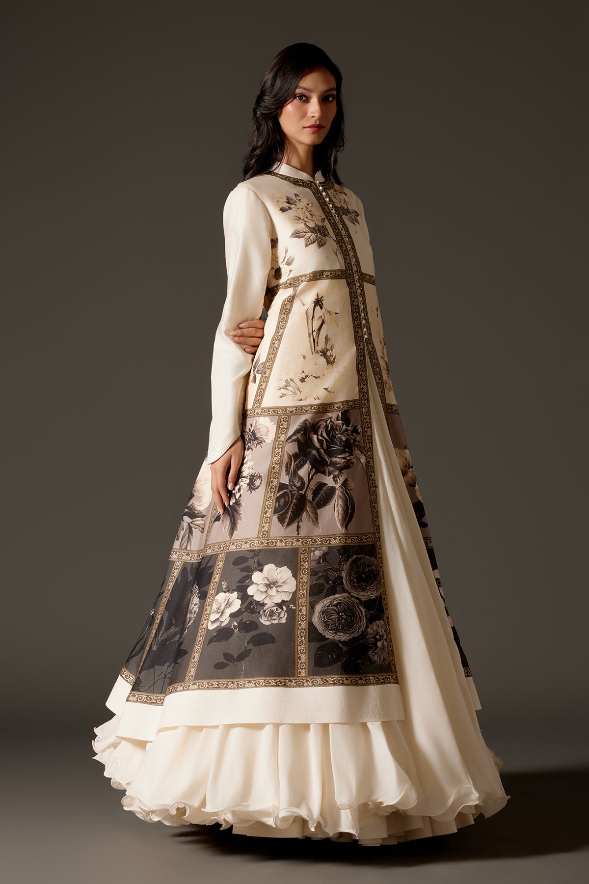 Chanderi Long Jacket With Floral Digital Print