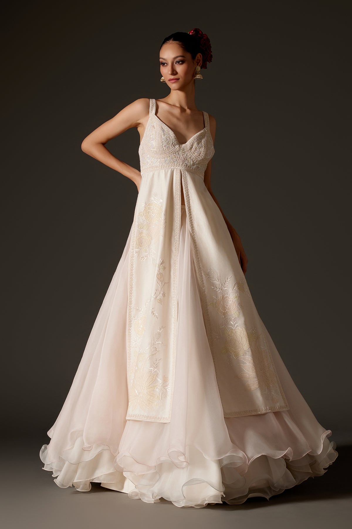 Ivory Slit Dress with Organza Detail