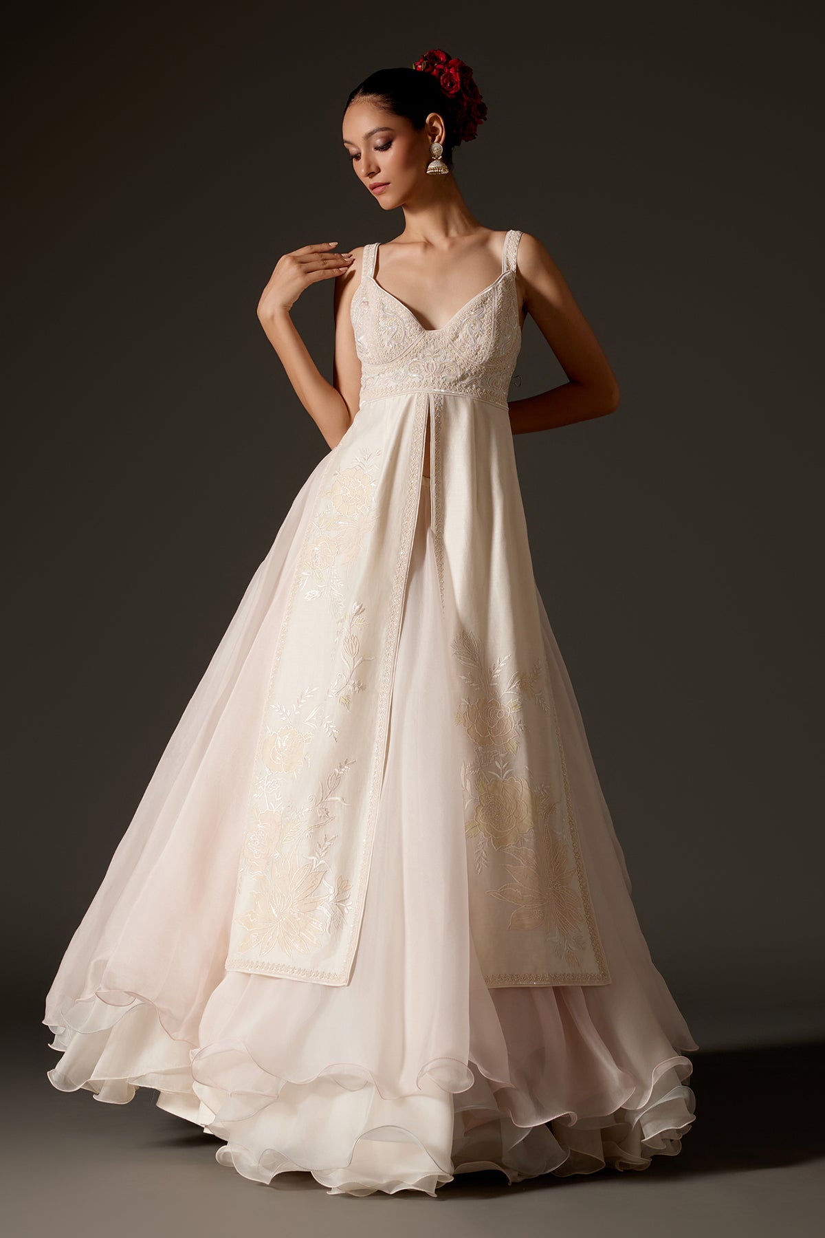 Ivory Slit Dress with Organza Detail