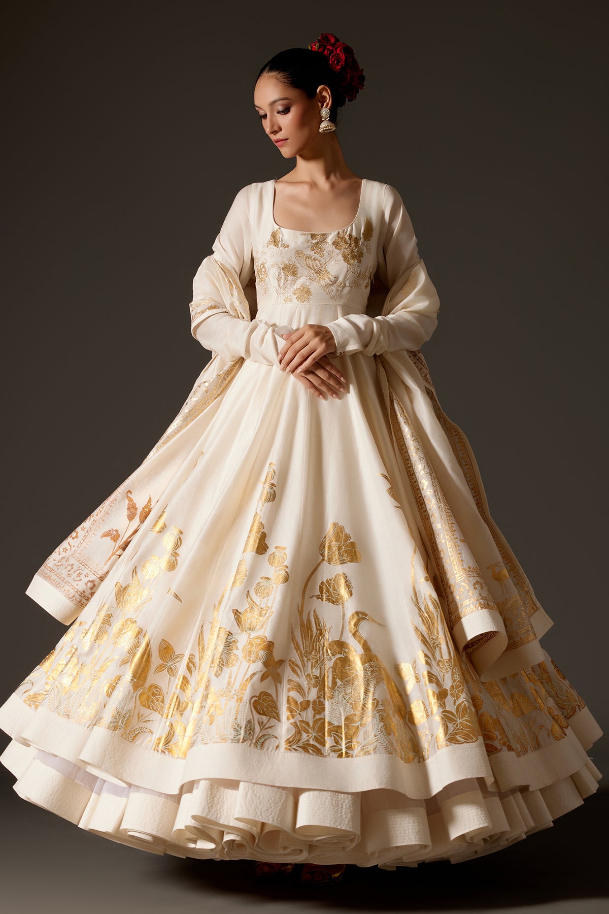 Ivory Chanderi Aanakali Set With Foil Elegance