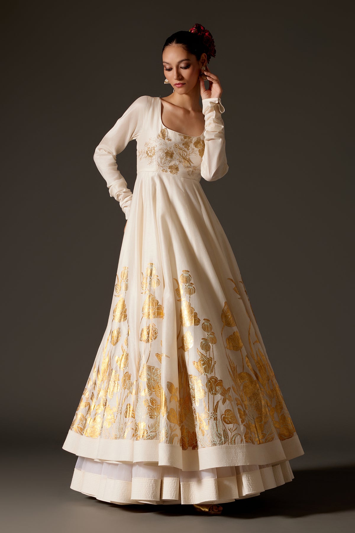 Ivory Chanderi Aanakali Set With Foil Elegance