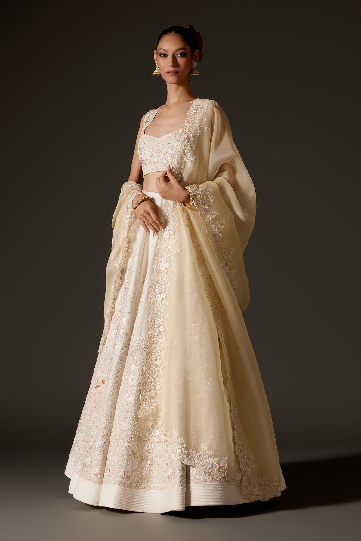 Ivory Chanderi Lehenga With Embroidery