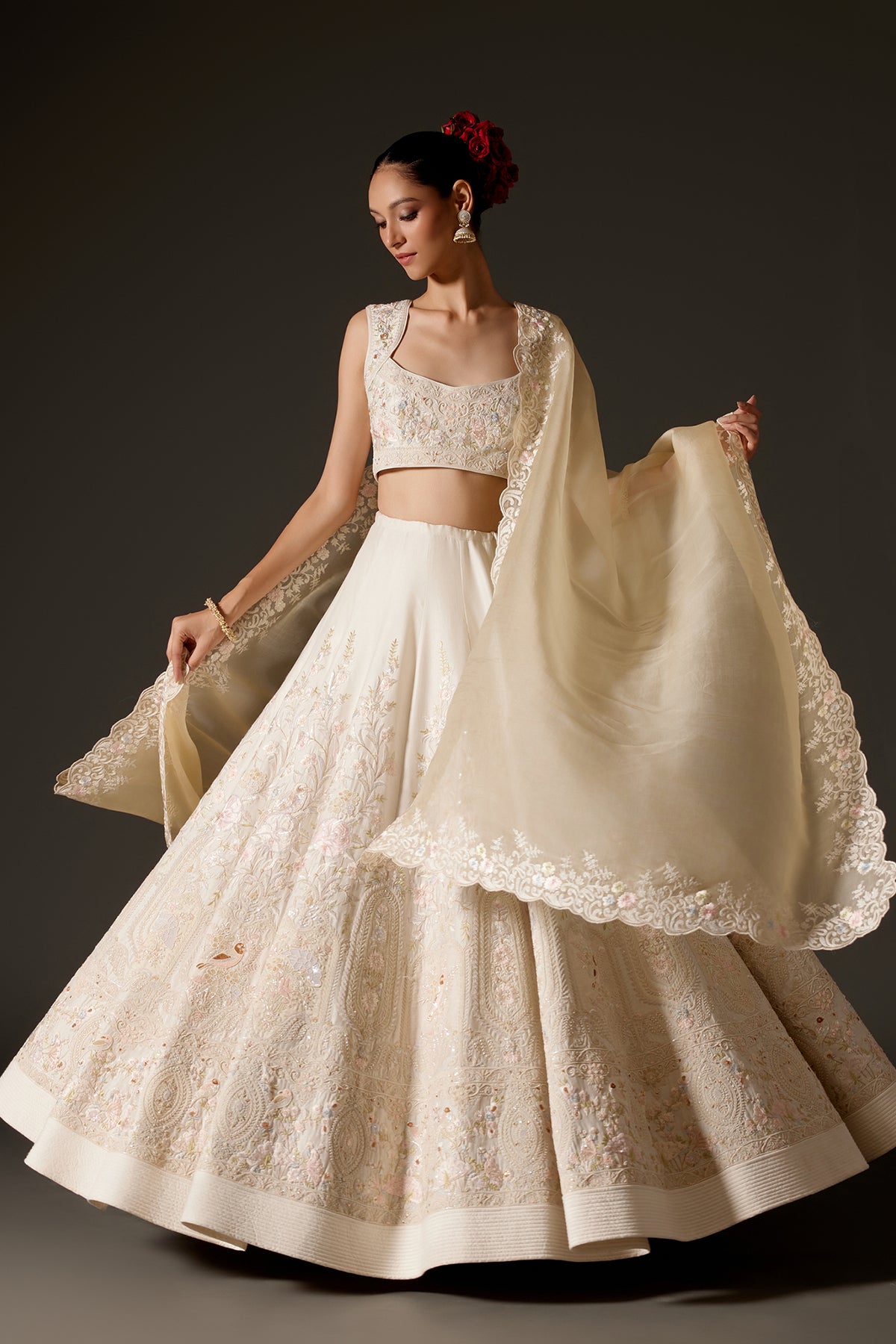 Ivory Chanderi Lehenga With Embroidery