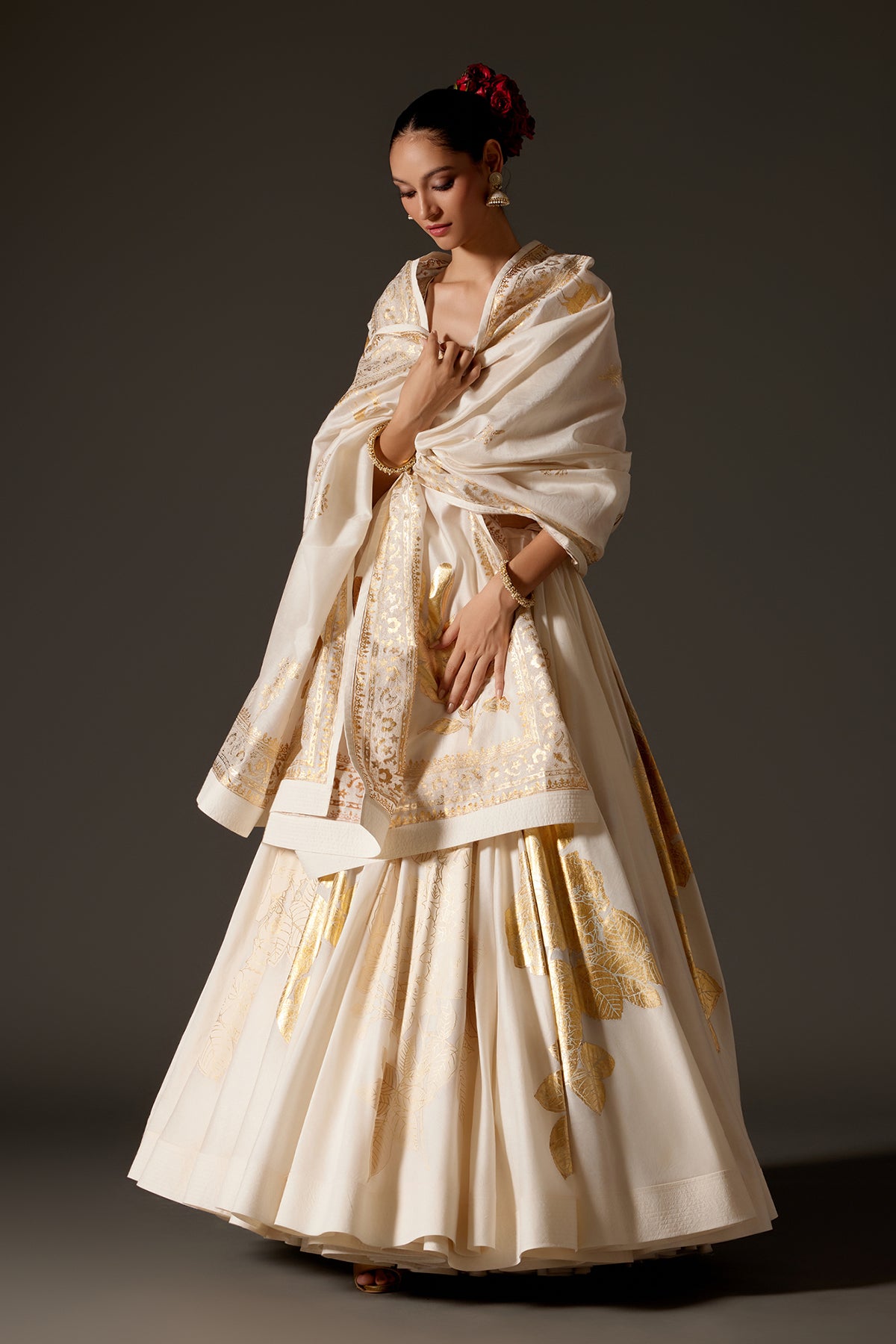 Ivory Chanderi Lehenga Set With Foil Elegance