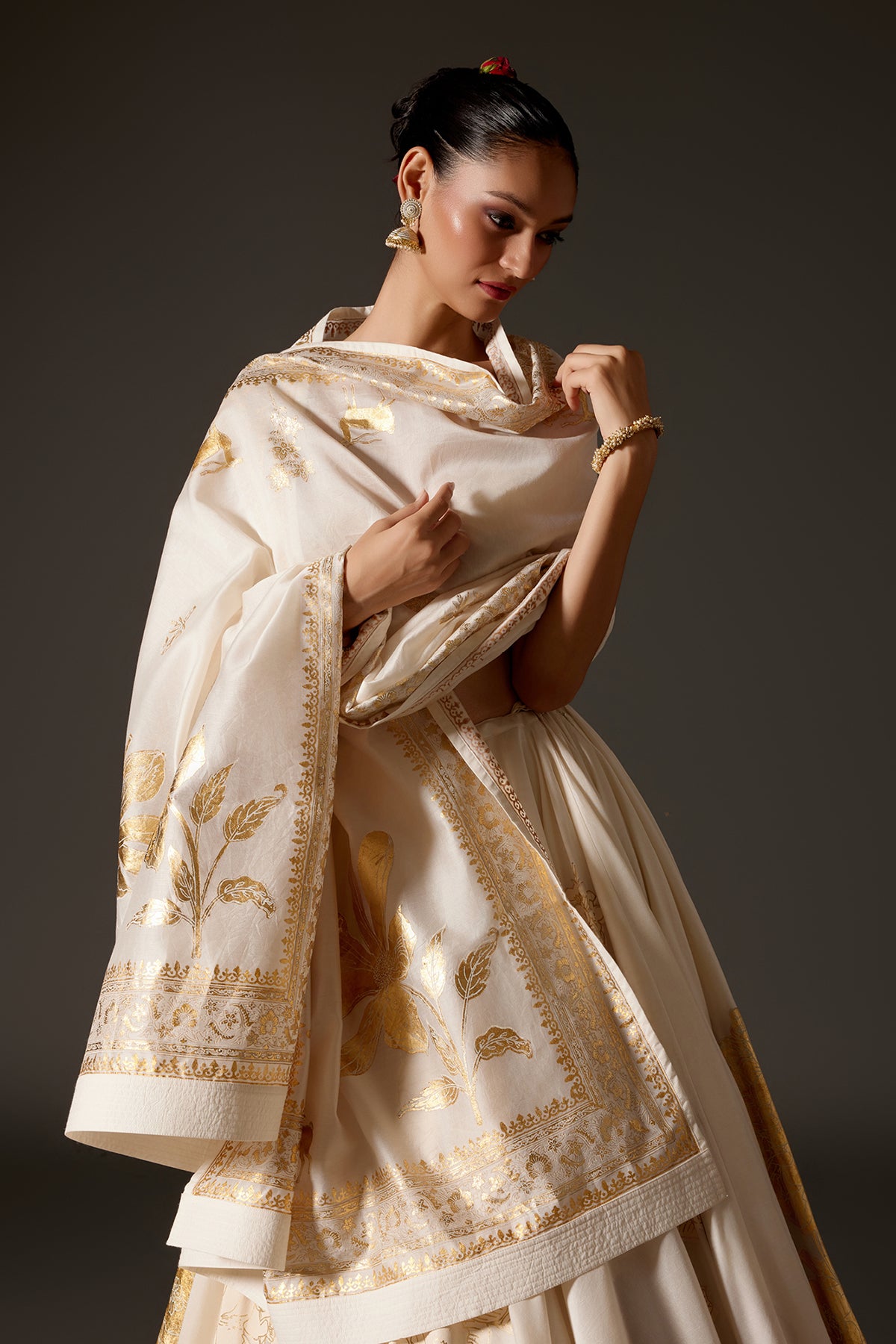 Ivory Chanderi Lehenga Set With Foil Elegance