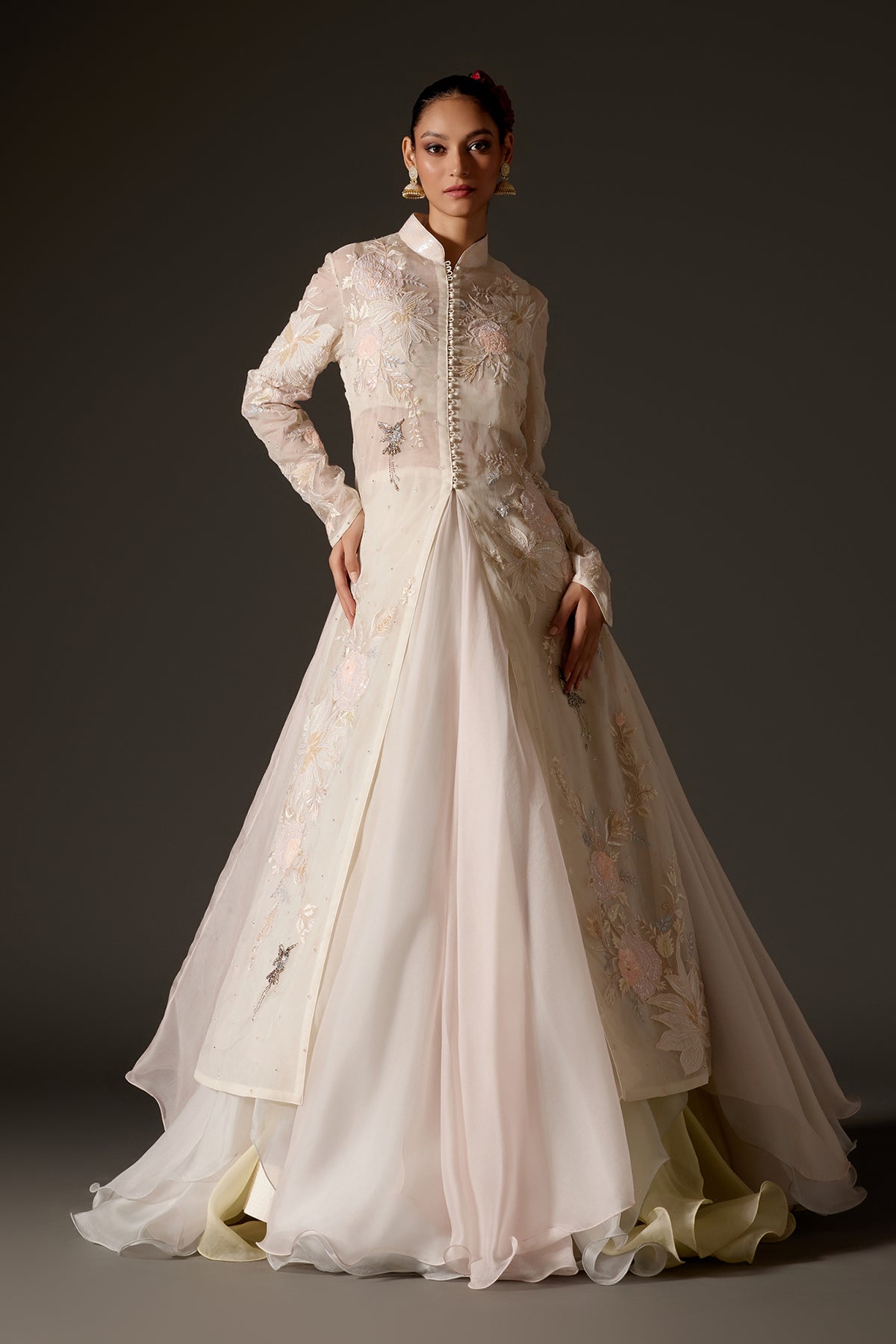 Ivory Organza Long Jacket With Floral Embroidery