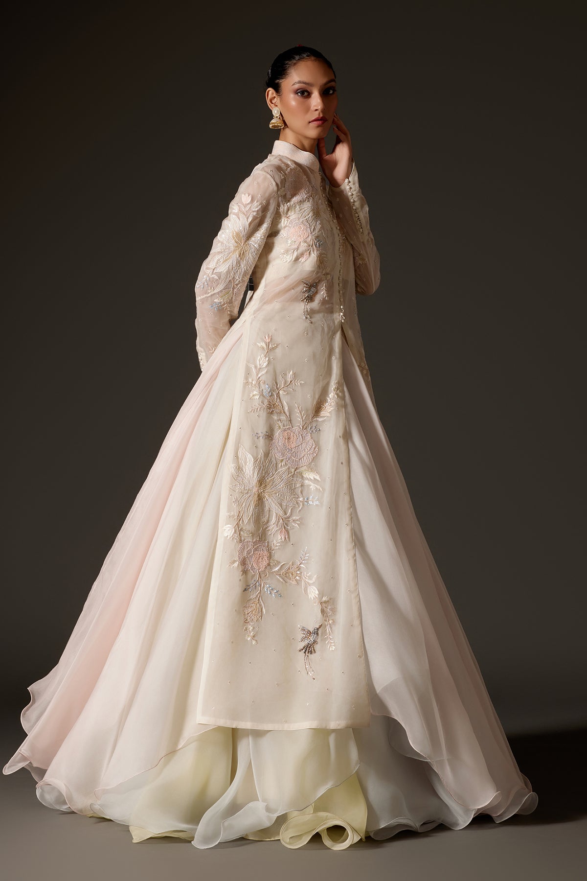 Ivory Organza Long Jacket With Floral Embroidery