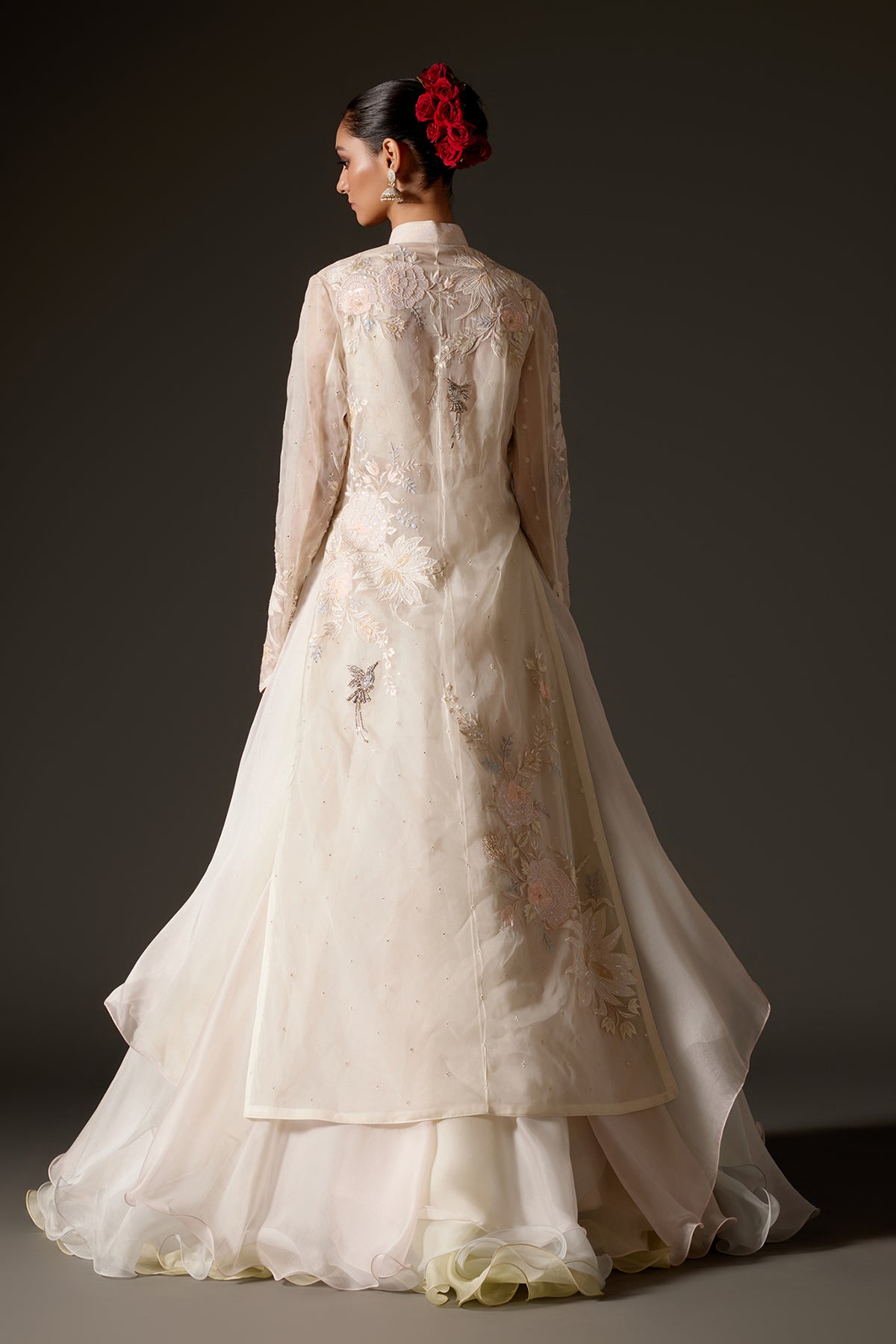 Ivory Organza Long Jacket With Floral Embroidery