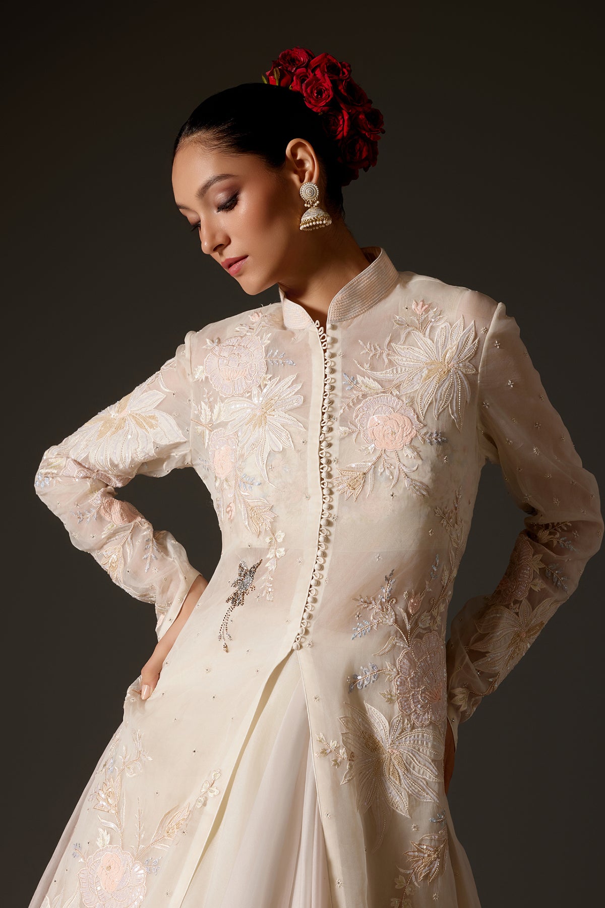 Ivory Organza Long Jacket With Floral Embroidery