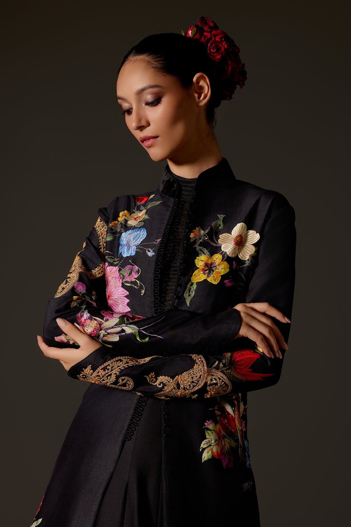 Black Chanderi Long Jacket With Embroidery
