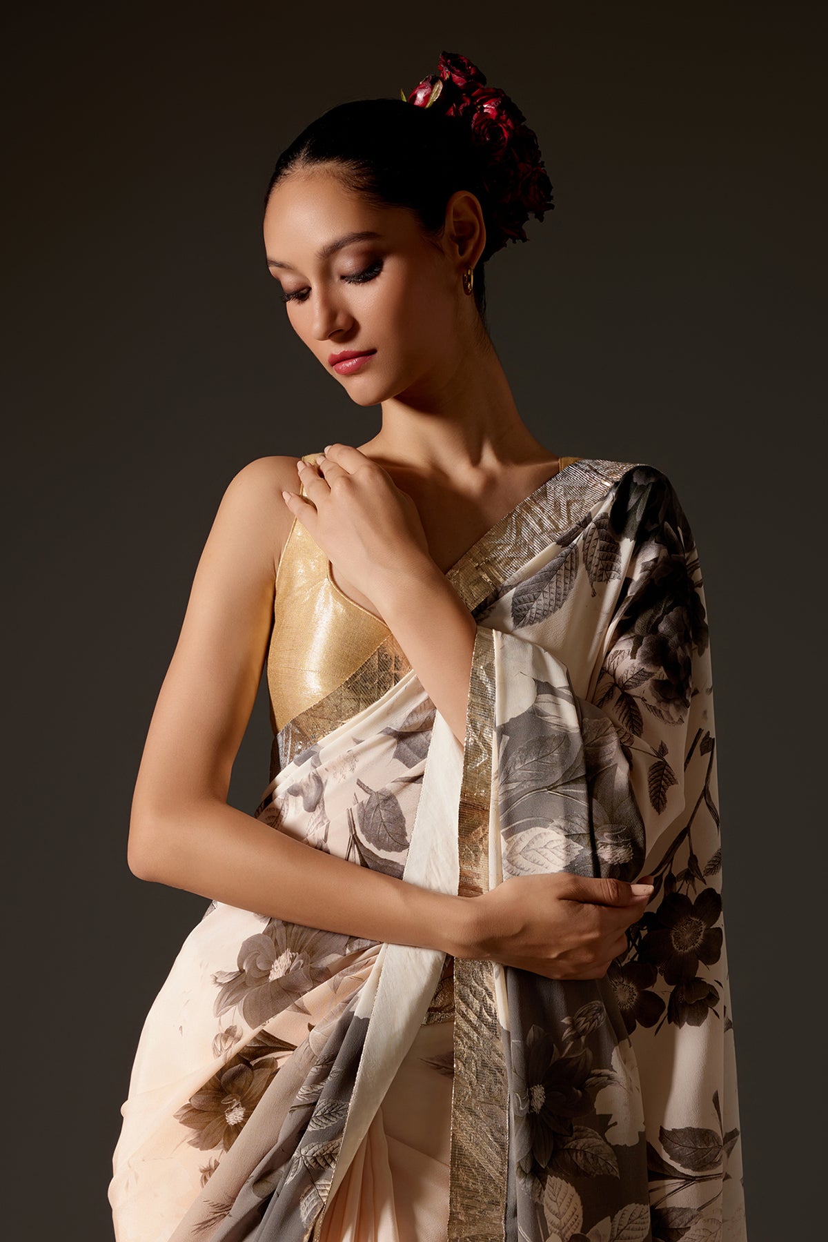 Crepe Saree With Floral Digital Print & Gotta Border