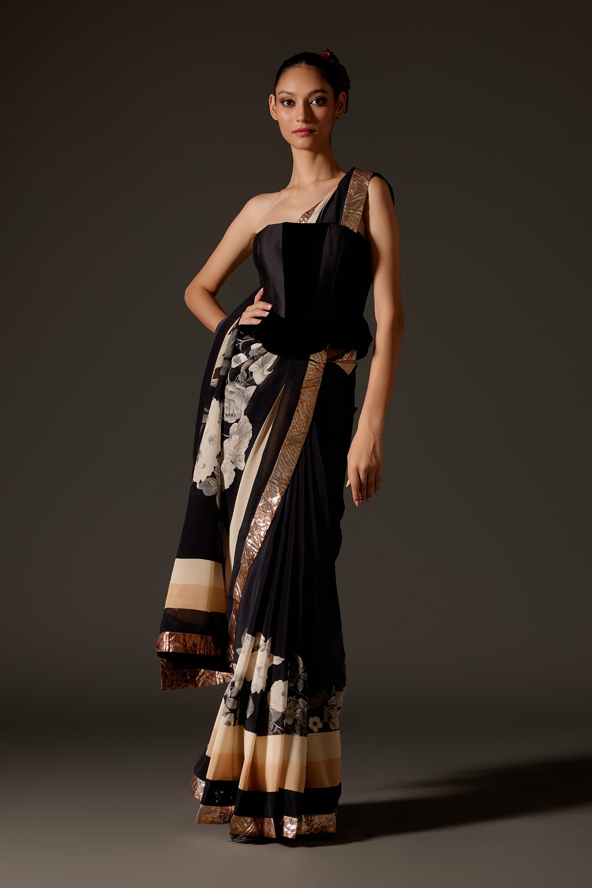Crepe Saree With Floral Digital Print & Gotta Border