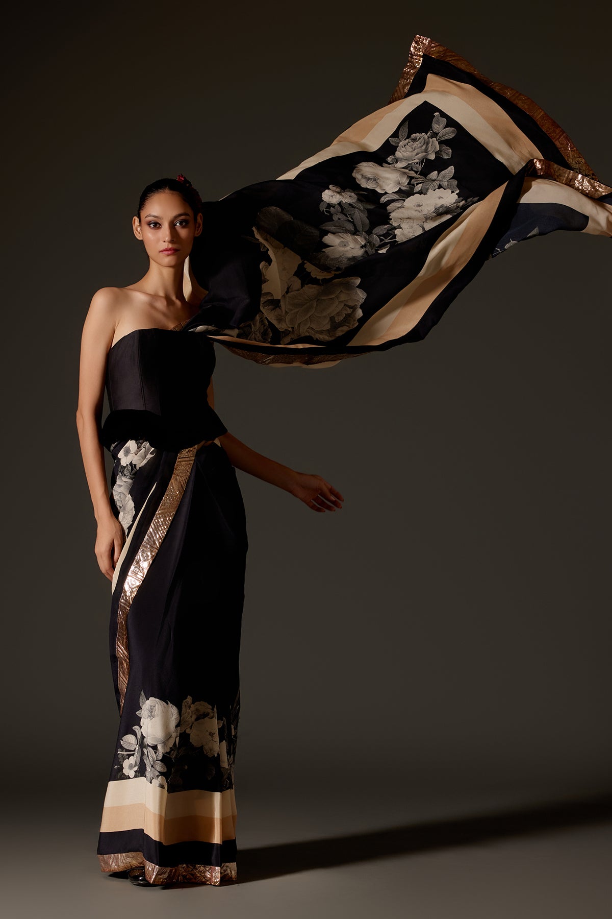 Crepe Saree With Floral Digital Print & Gotta Border
