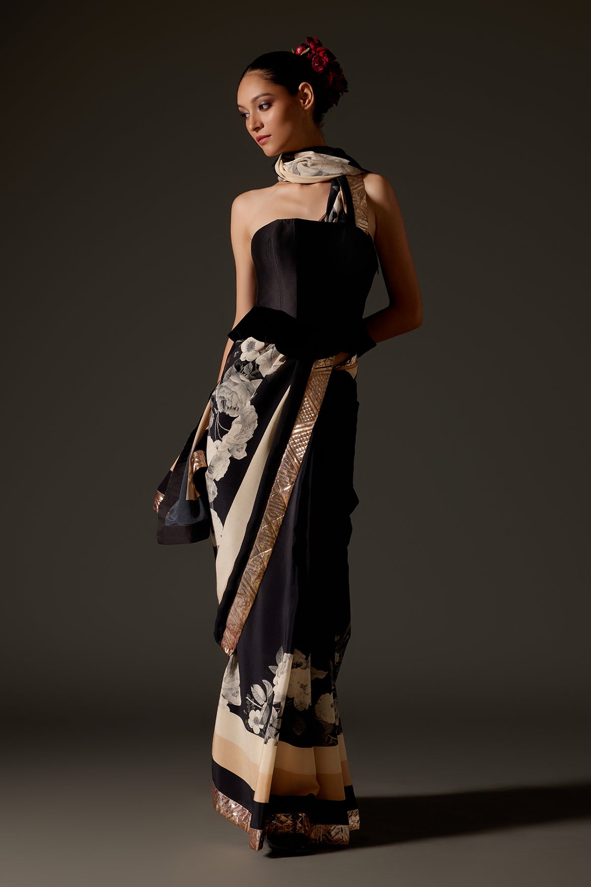 Crepe Saree With Floral Digital Print & Gotta Border