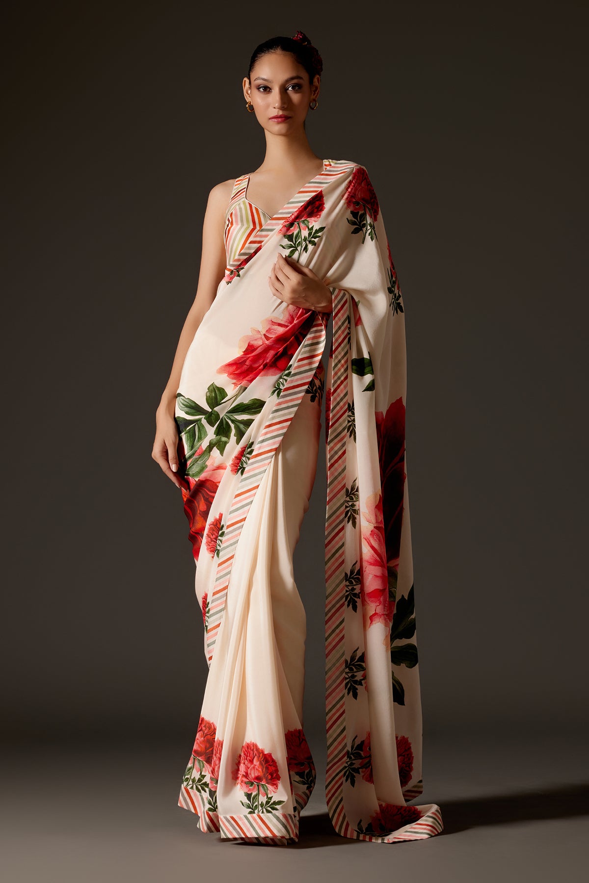 Crepe Saree With Floral Digital Print & Strip Border