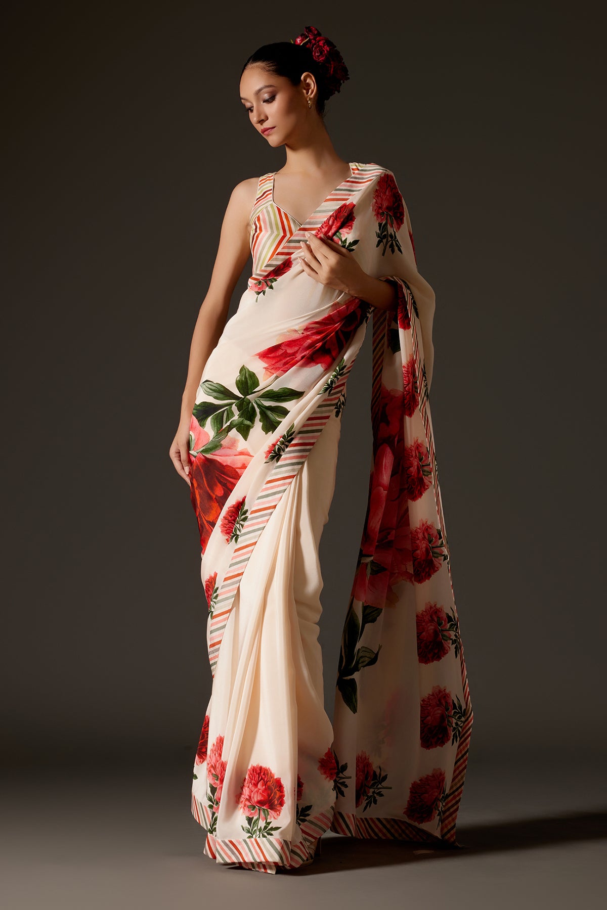 Crepe Saree With Floral Digital Print & Strip Border