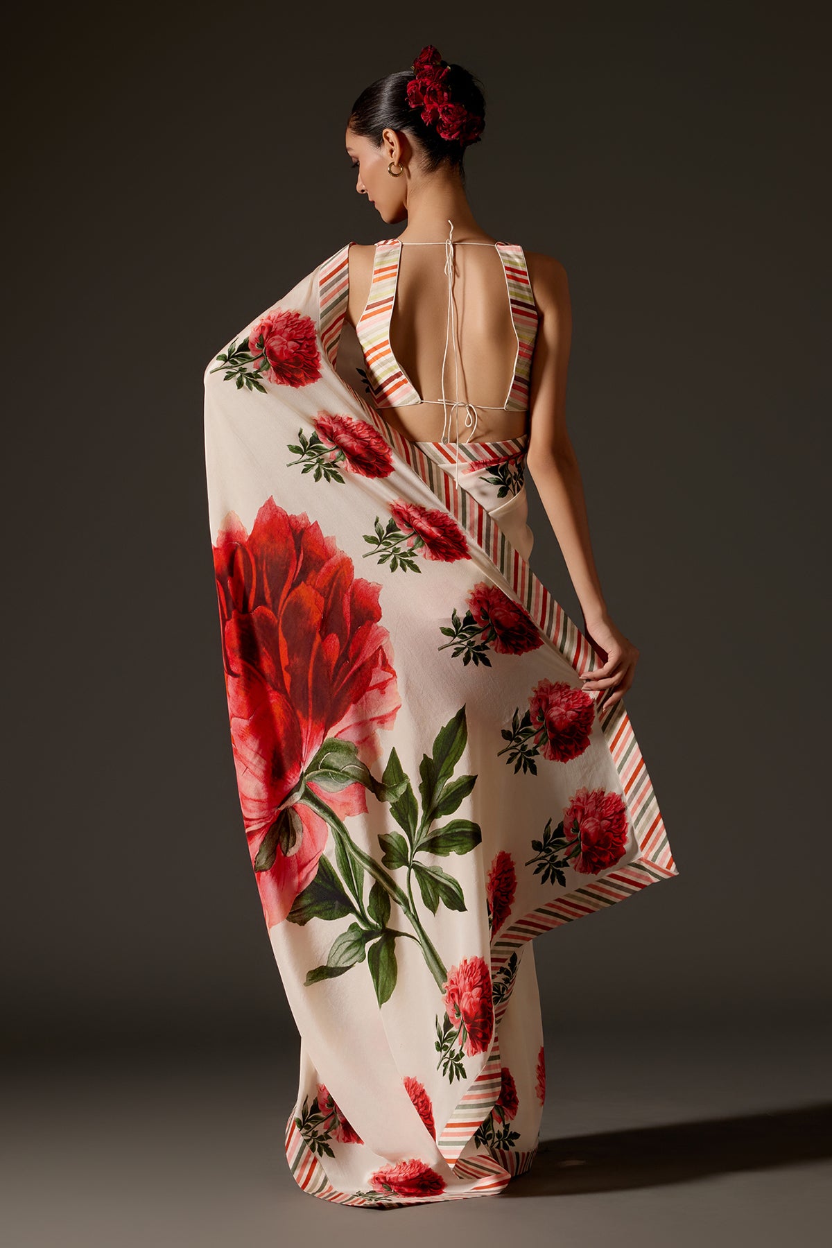 Crepe Saree With Floral Digital Print & Strip Border
