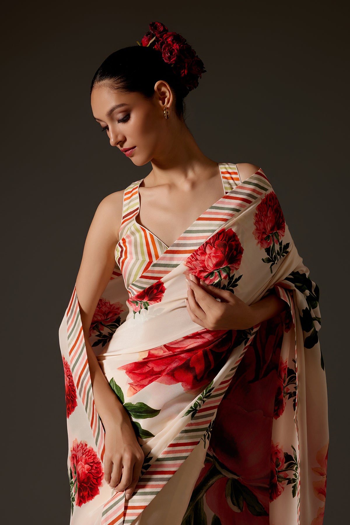 Crepe Saree With Floral Digital Print & Strip Border