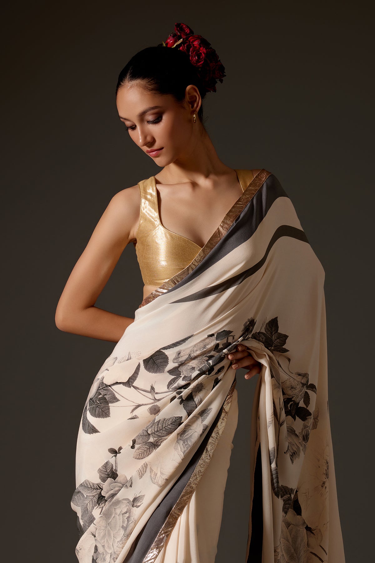 Crepe Saree With Floral Digital Print & Gotta Border