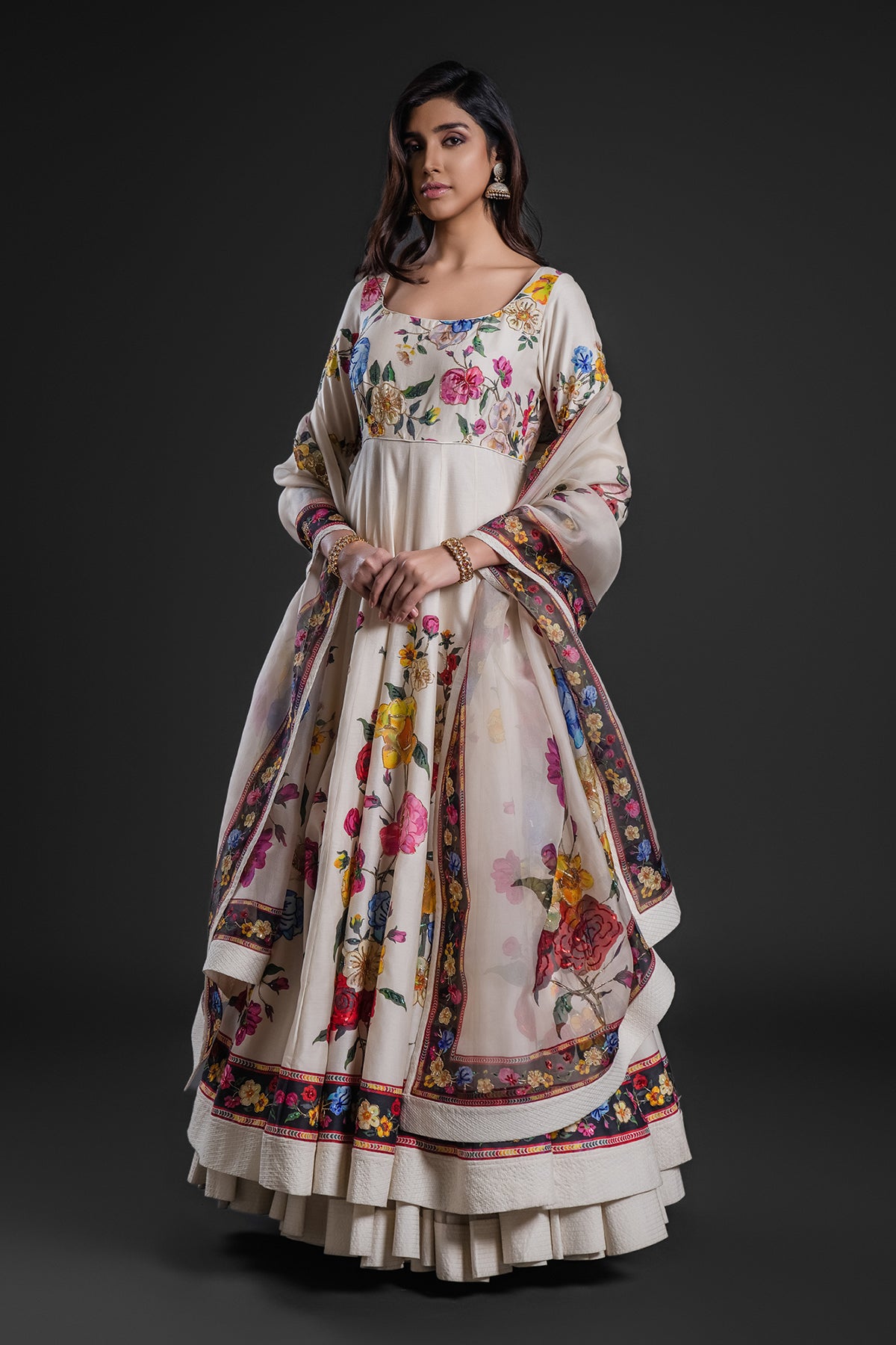 Chanderi Anarkali Set With Dupatta Ivory Floral Digital Print