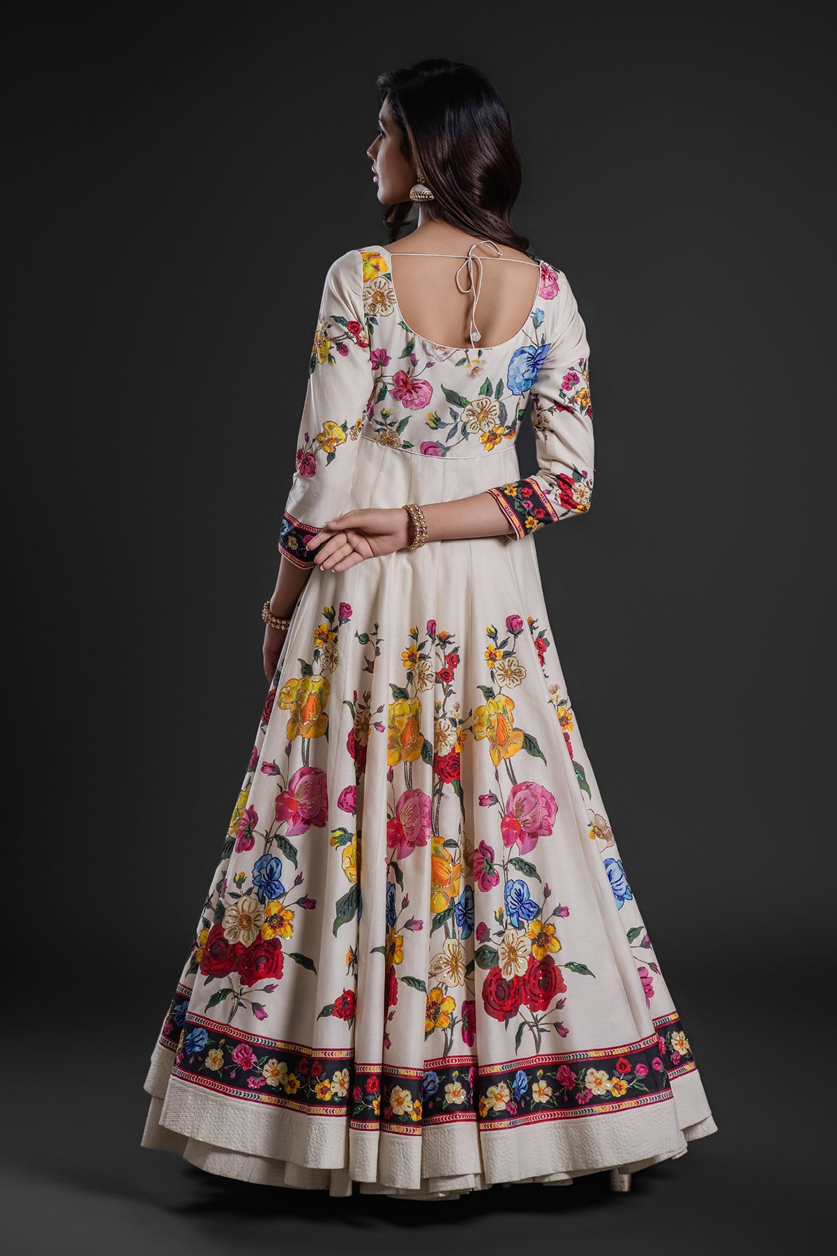 Chanderi Anarkali Set With Dupatta Ivory Floral Digital Print