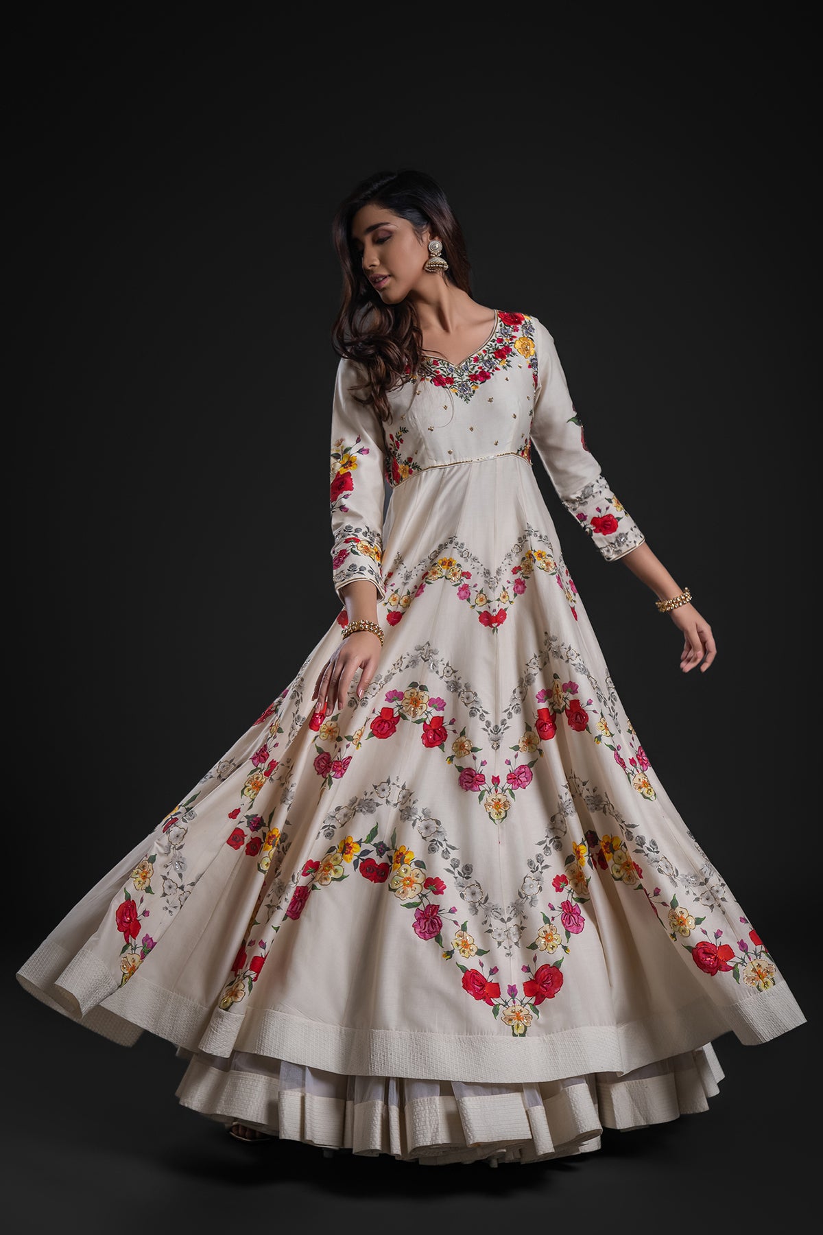 Ivory Anarkali Set With Churidar And Organza Dupatta