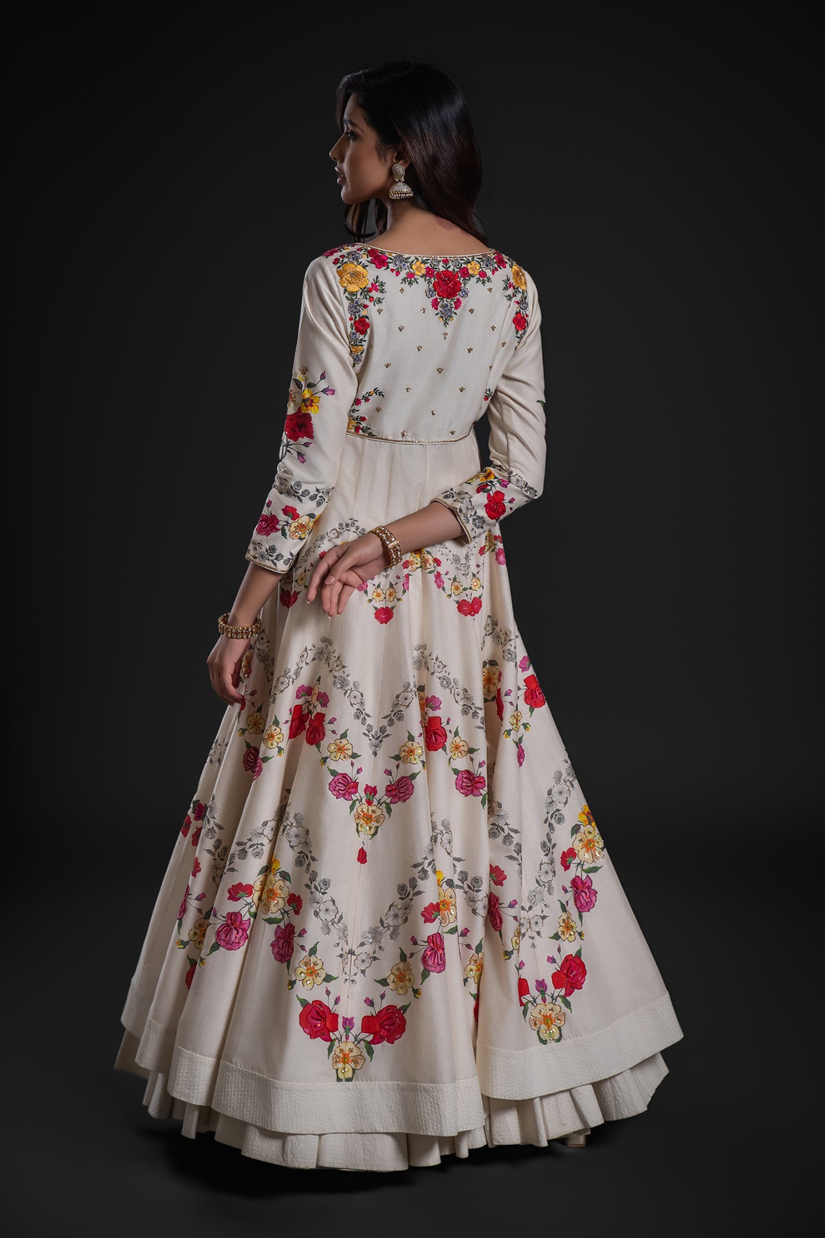 Ivory Anarkali Set With Churidar And Organza Dupatta