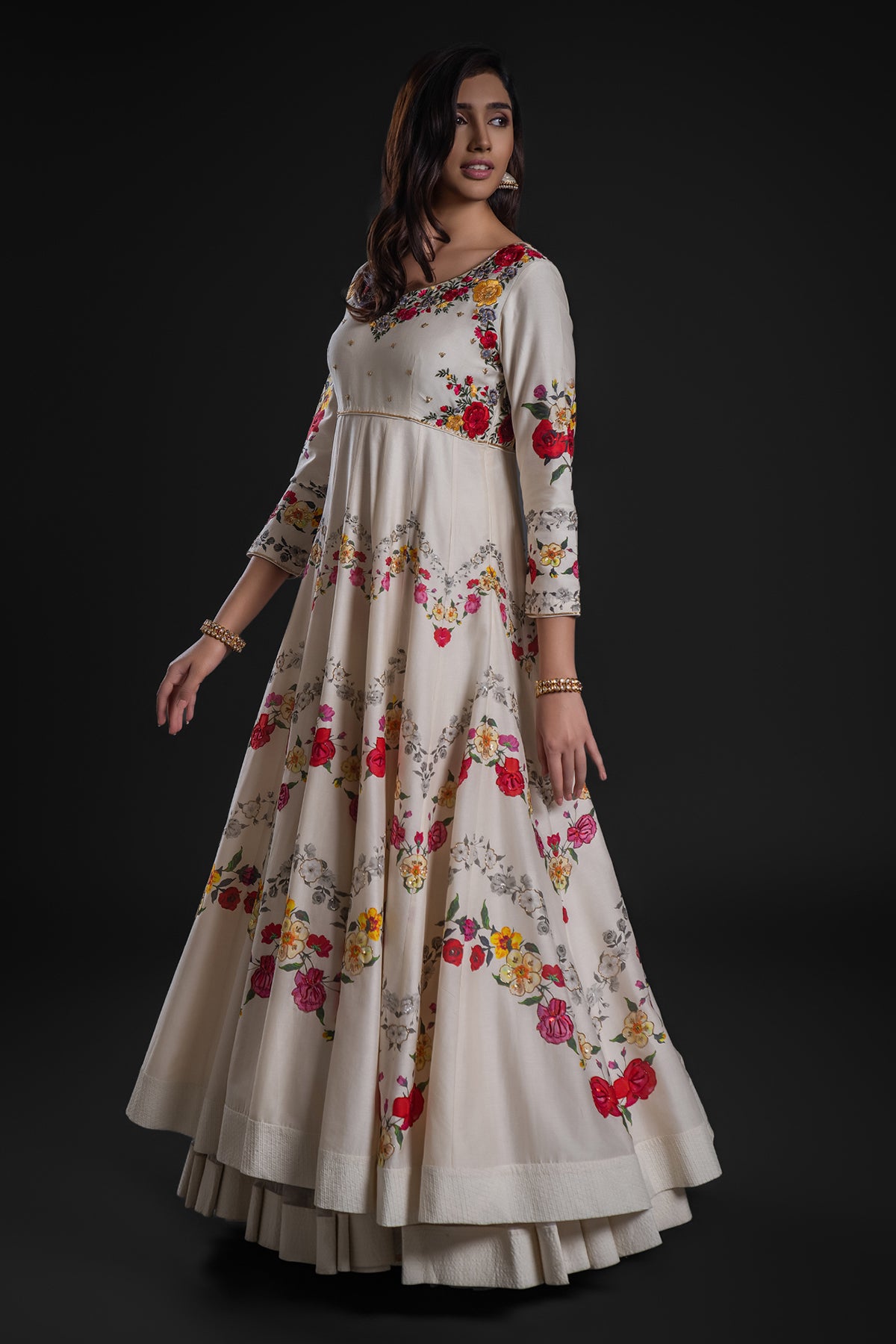 Ivory Anarkali Set With Churidar And Organza Dupatta