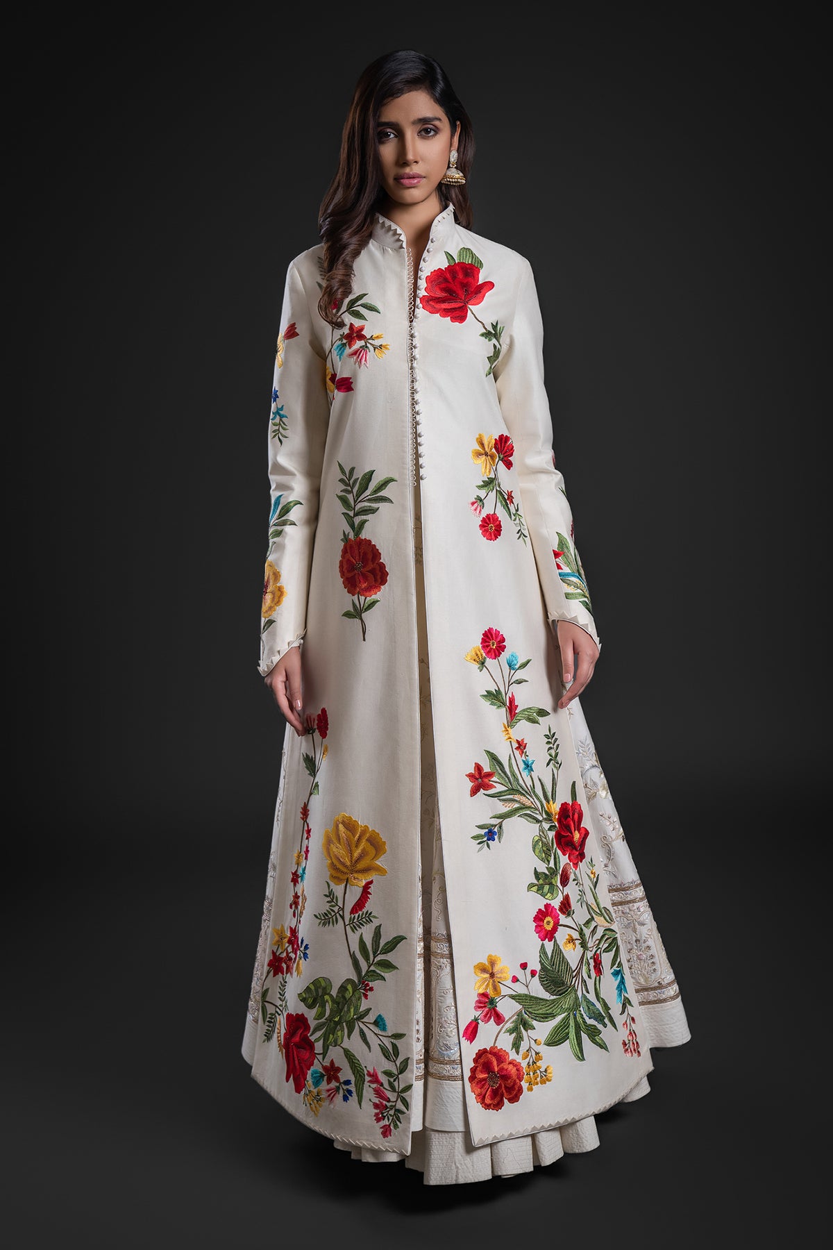 Ivory Long Jacket In Chanderi With Embroidery