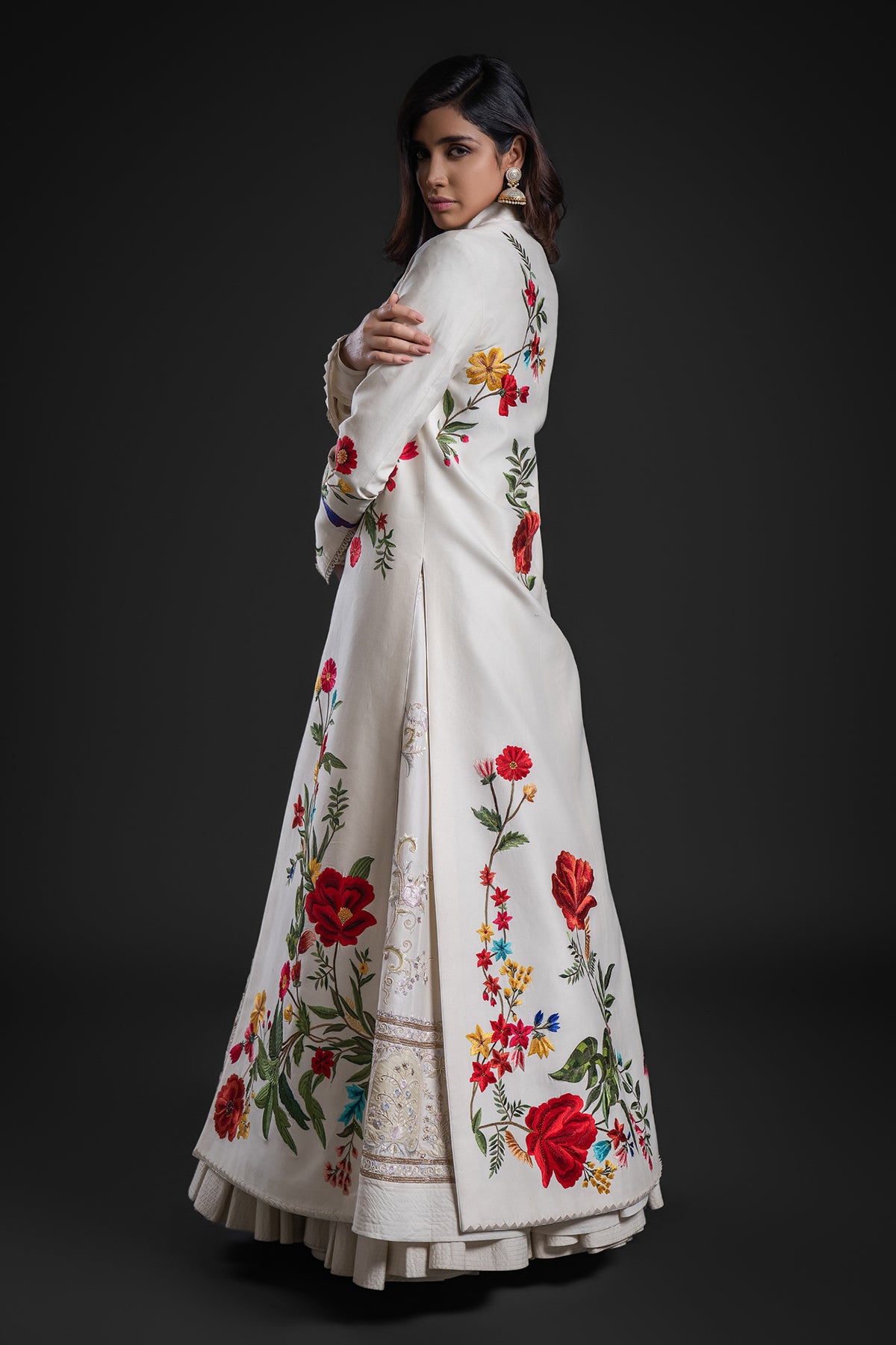 Ivory Long Jacket In Chanderi With Embroidery