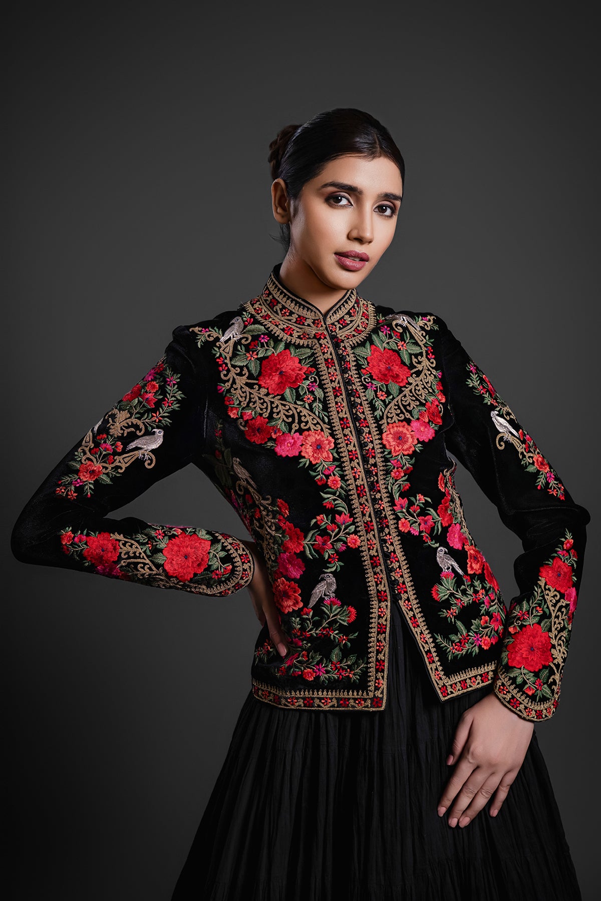 Black Velvet Short Jacket With Embroidery