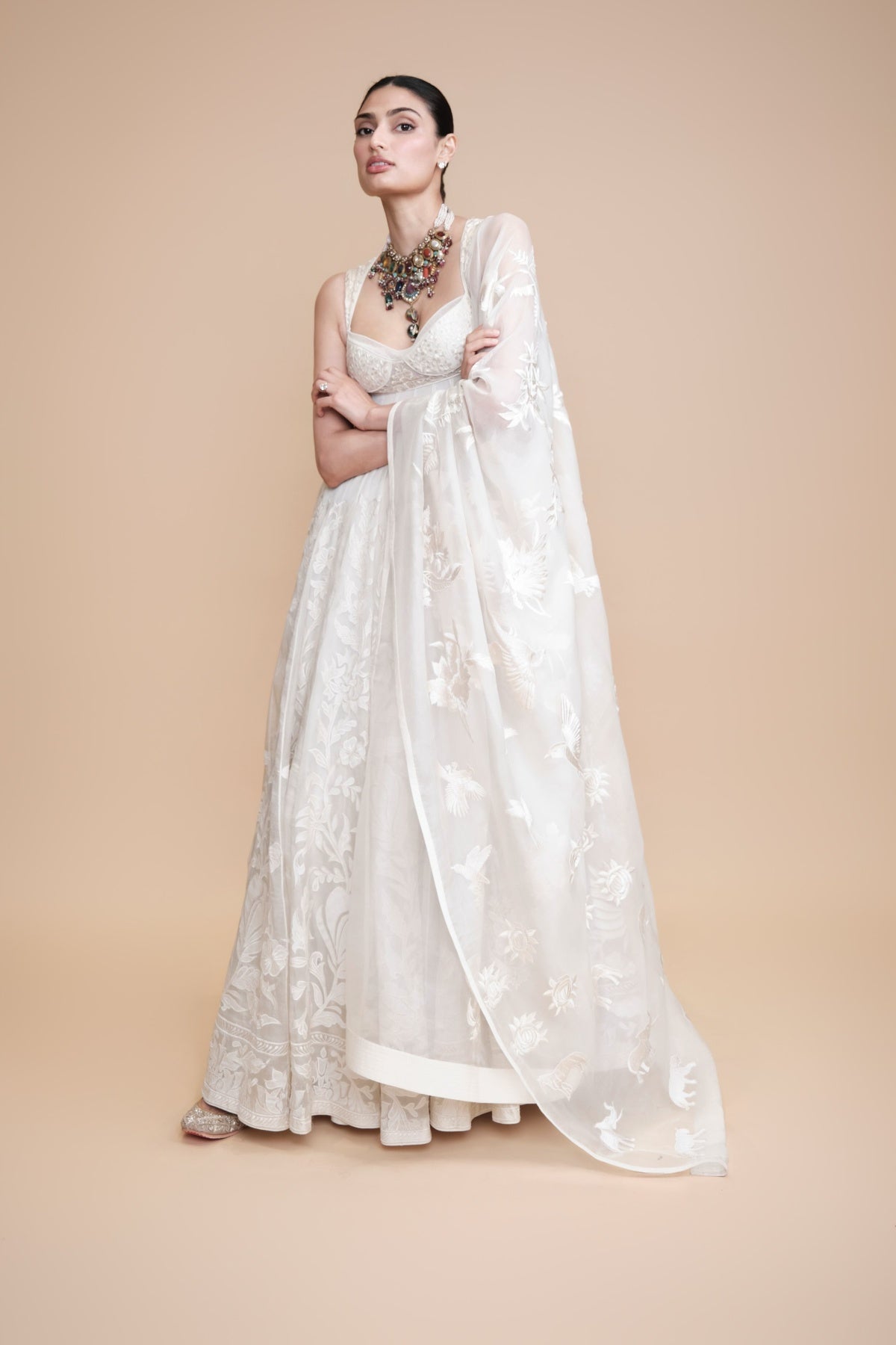 Women's Ivory Silk Organza Anarkali & Dupatta