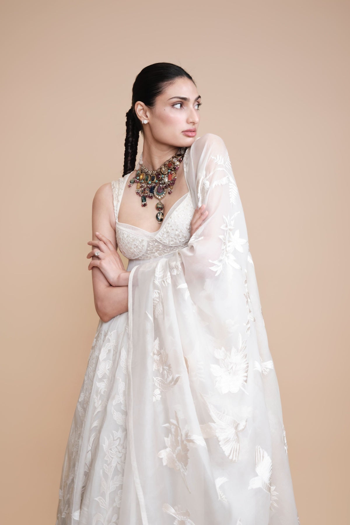 Women's Ivory Silk Organza Anarkali & Dupatta