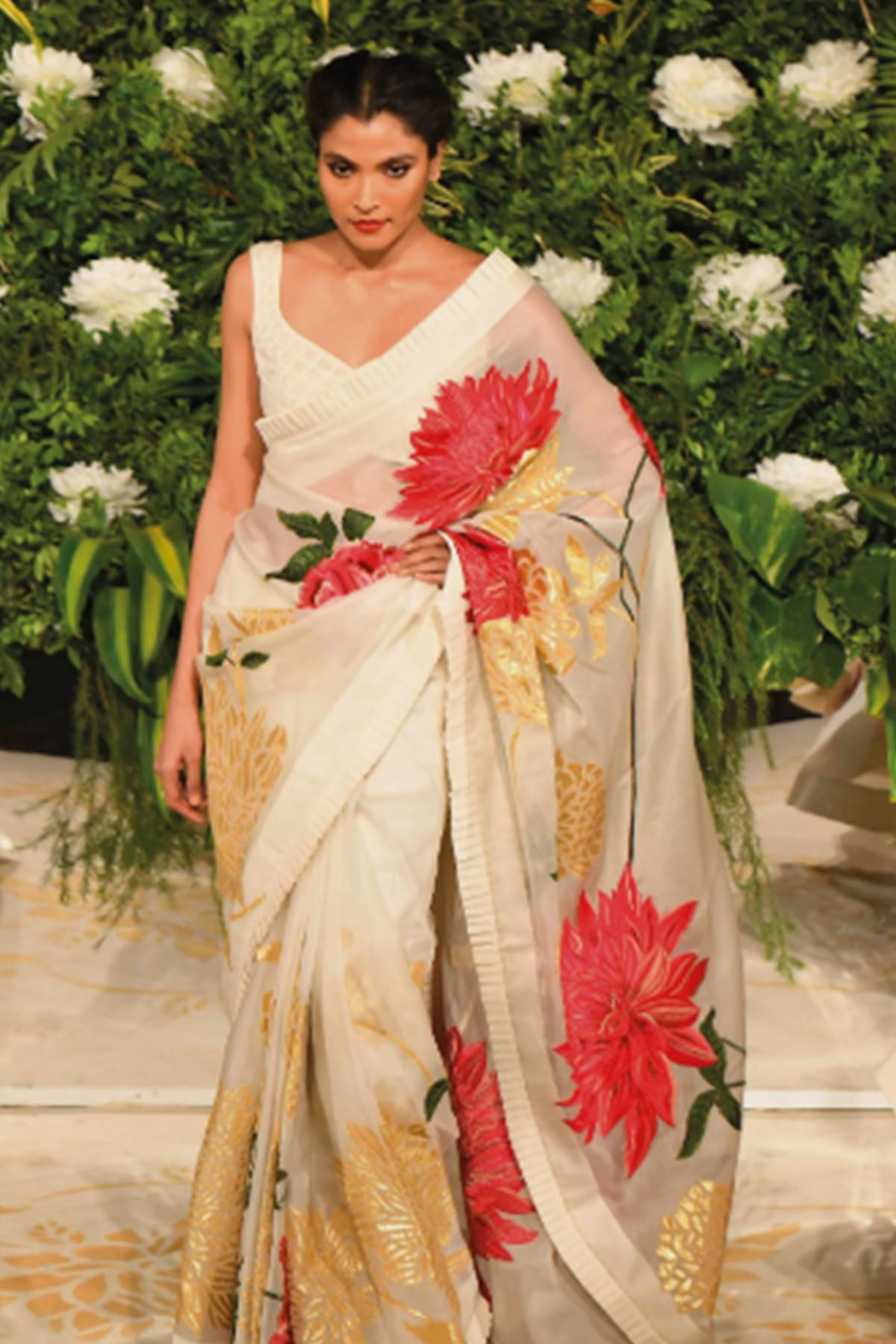 Ivory Organza Saree With Floral Embroidery