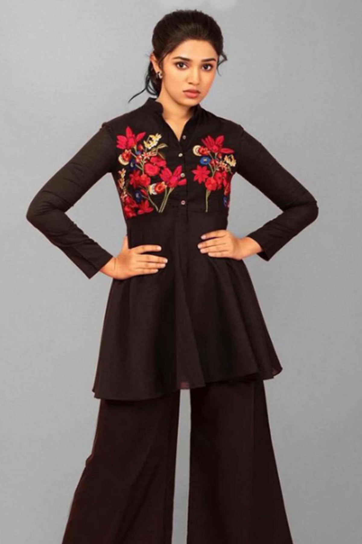 Black Embroidered Peplum Top With Palazzo Pants