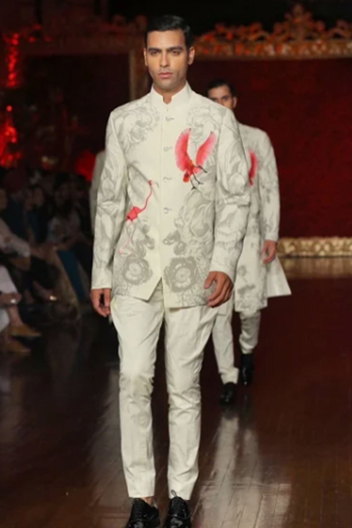 Digital Printed Ivory Bandhgala In Matka Silk