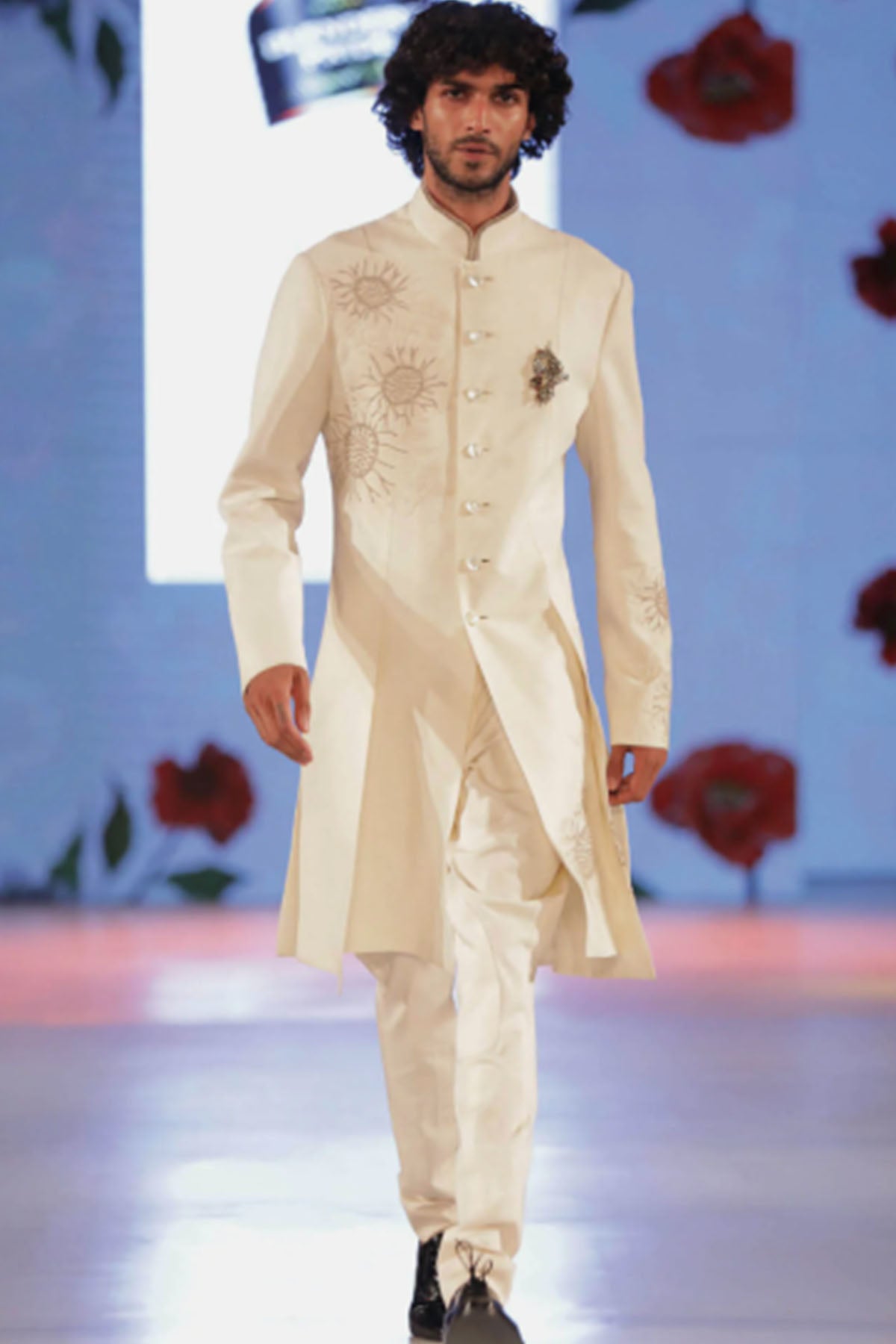 Ivory Matka Silk Sherwani With Embroidery
