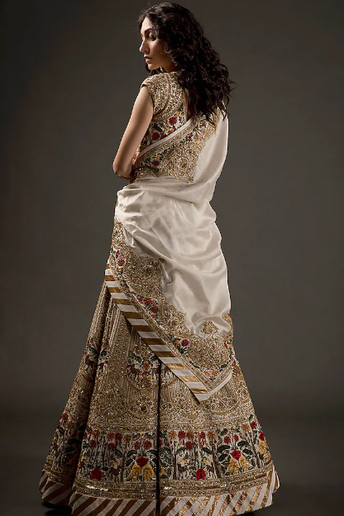 Ivory Chanderi Lehenga Set With Floral Embroidery