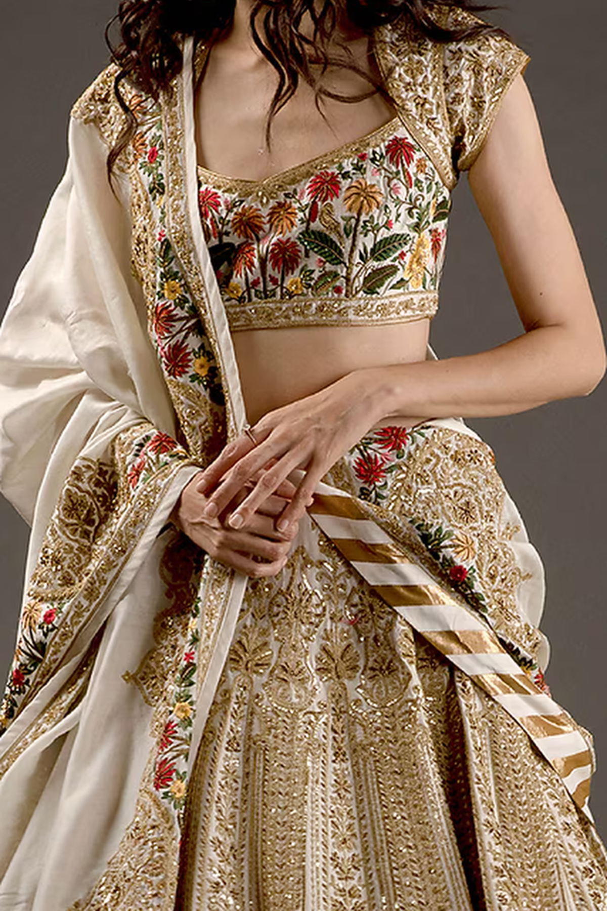 Ivory Chanderi Lehenga Set With Floral Embroidery