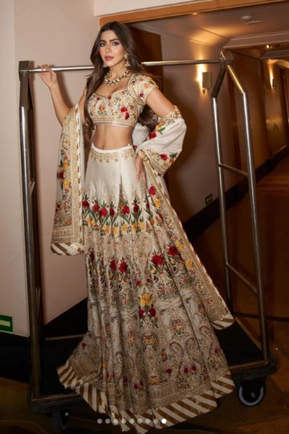 Ivory Chanderi Lehenga Set With Floral Embroidery