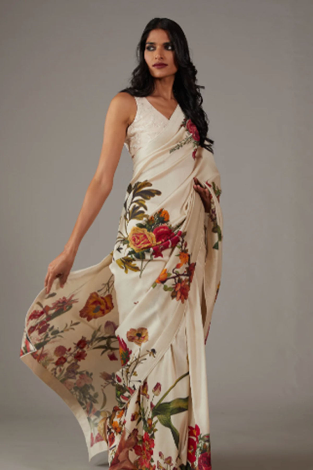 Chanderi Silk Saree With Multicolour Floral Embroidery