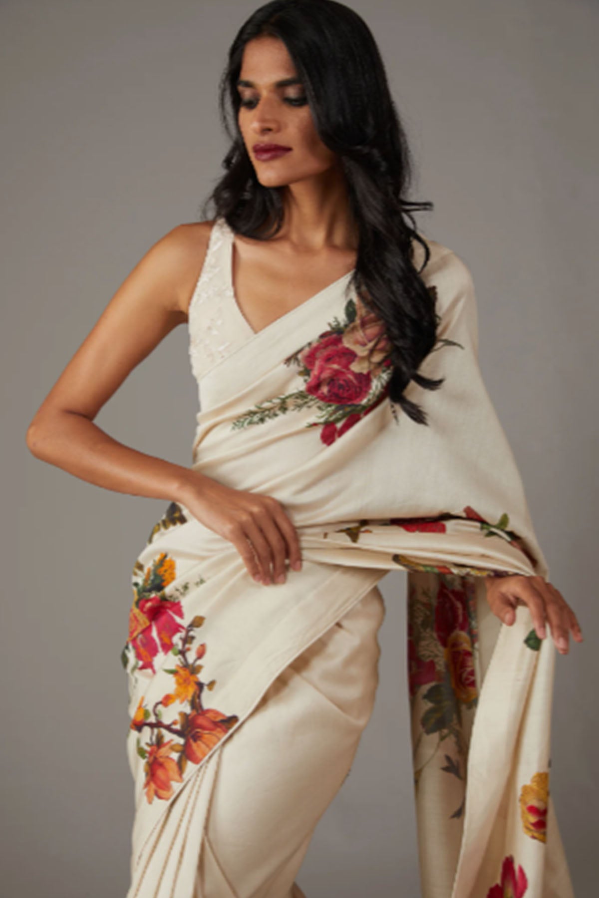 Chanderi Silk Saree With Multicolour Floral Embroidery