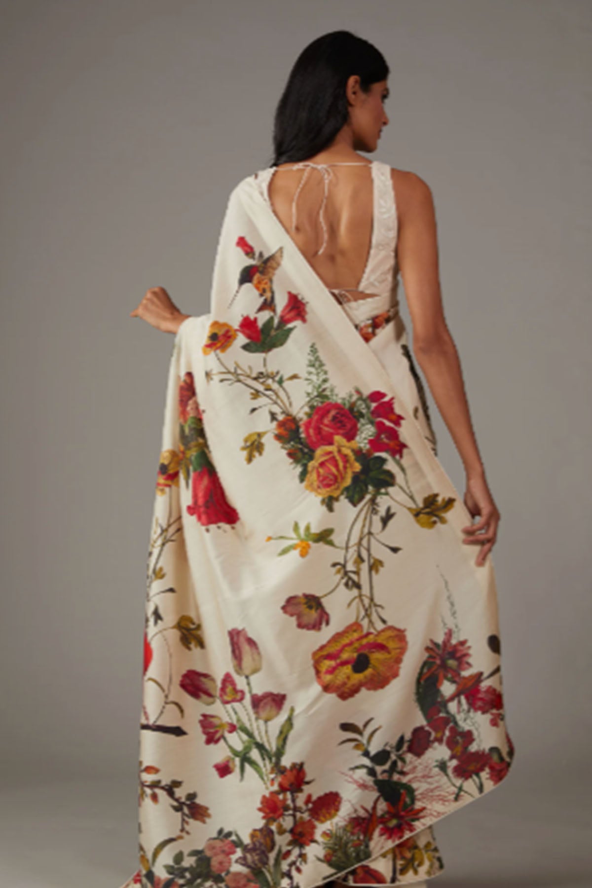 Chanderi Silk Saree With Multicolour Floral Embroidery