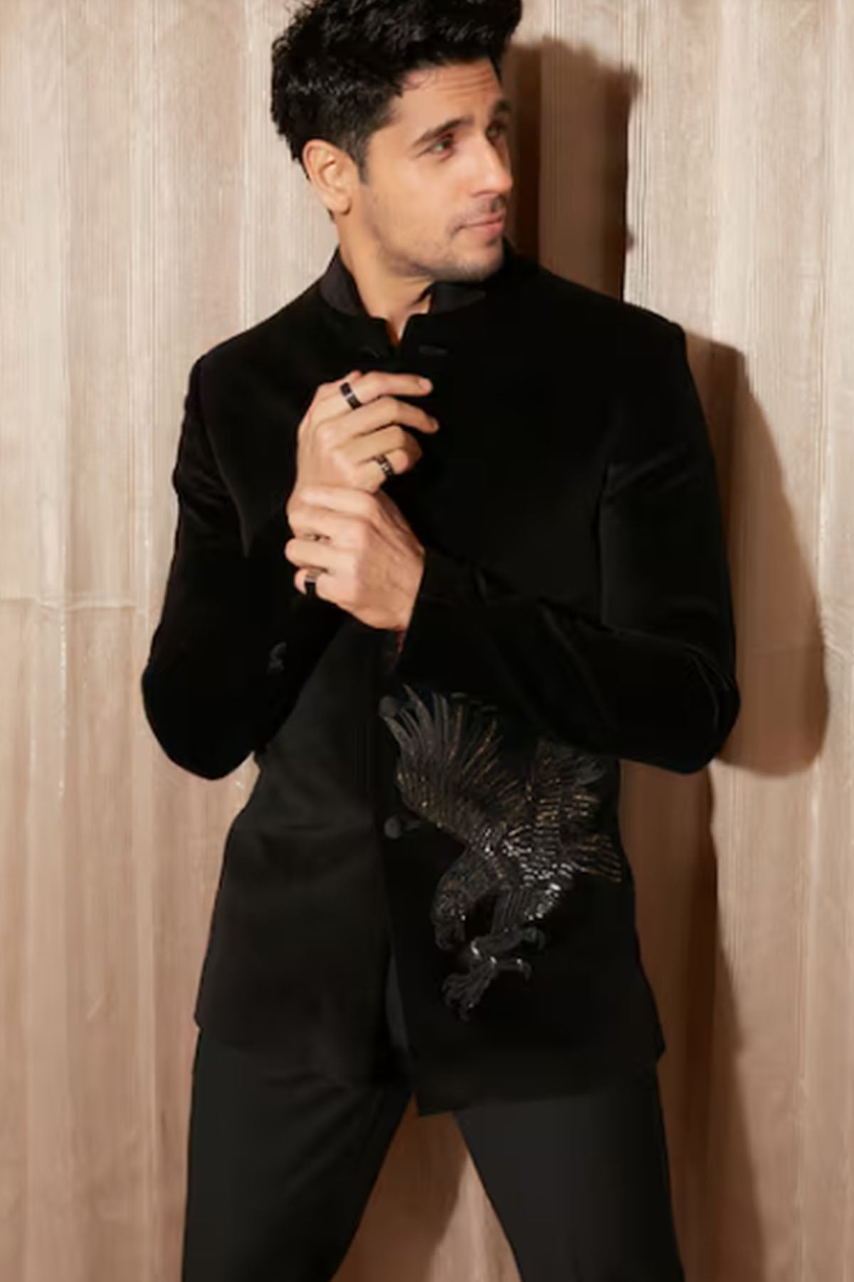 Men's Black Velvet Bandhgala With Embroidery