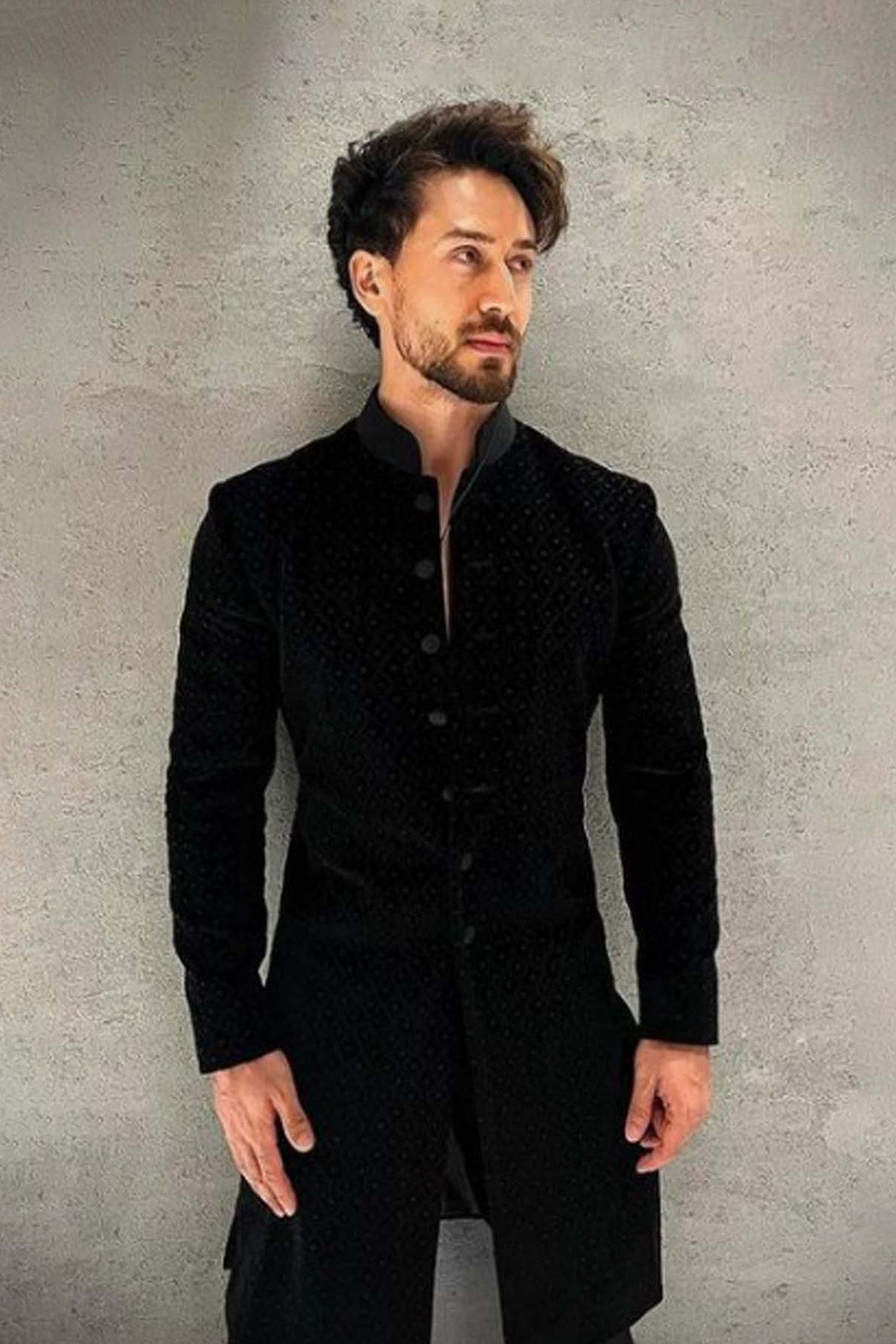 Black velvet Sherwani with burfi resham and emb work