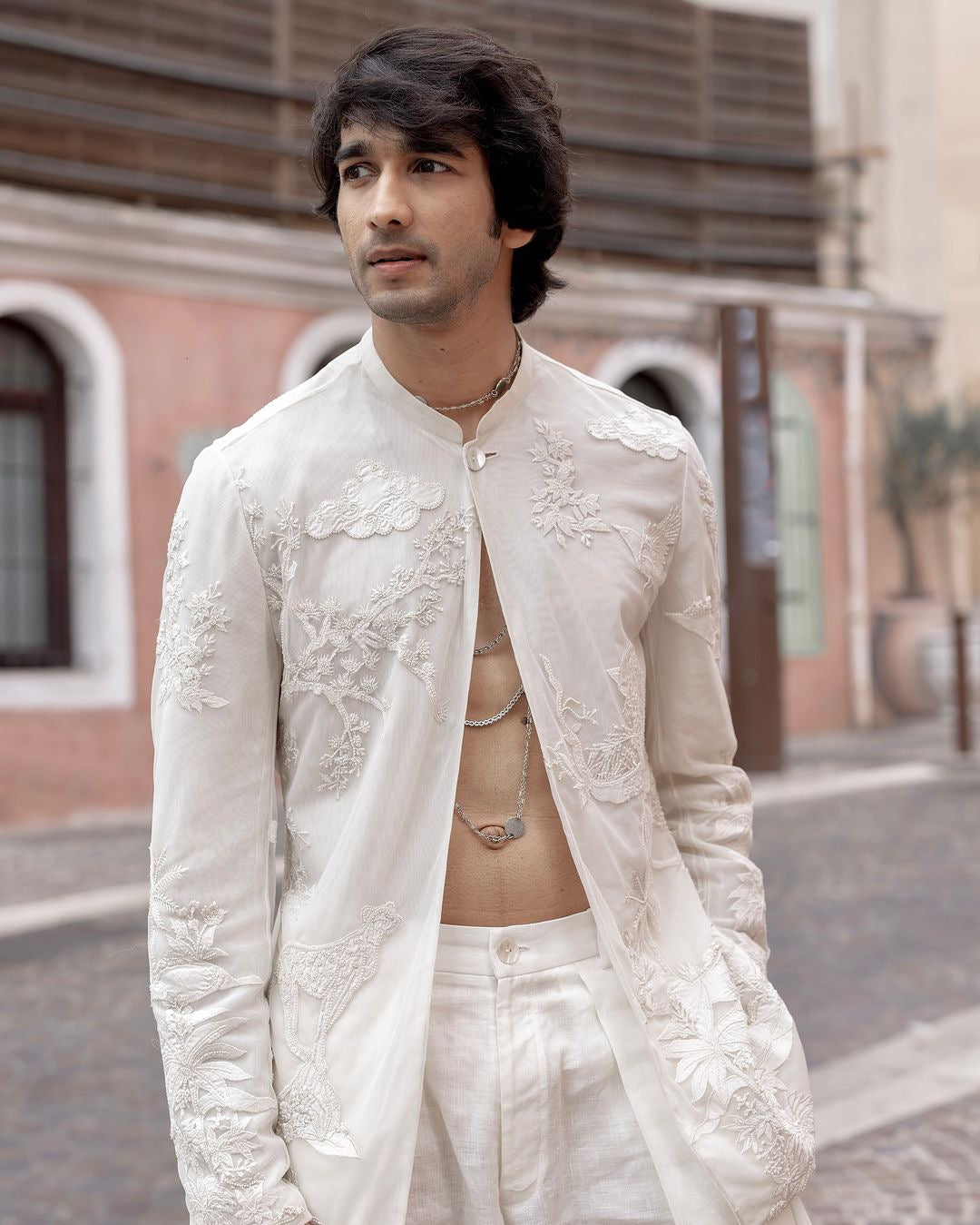 Shantanu in Rohit Bal’s Ivory Net Open Shirt with Floral Embroidery