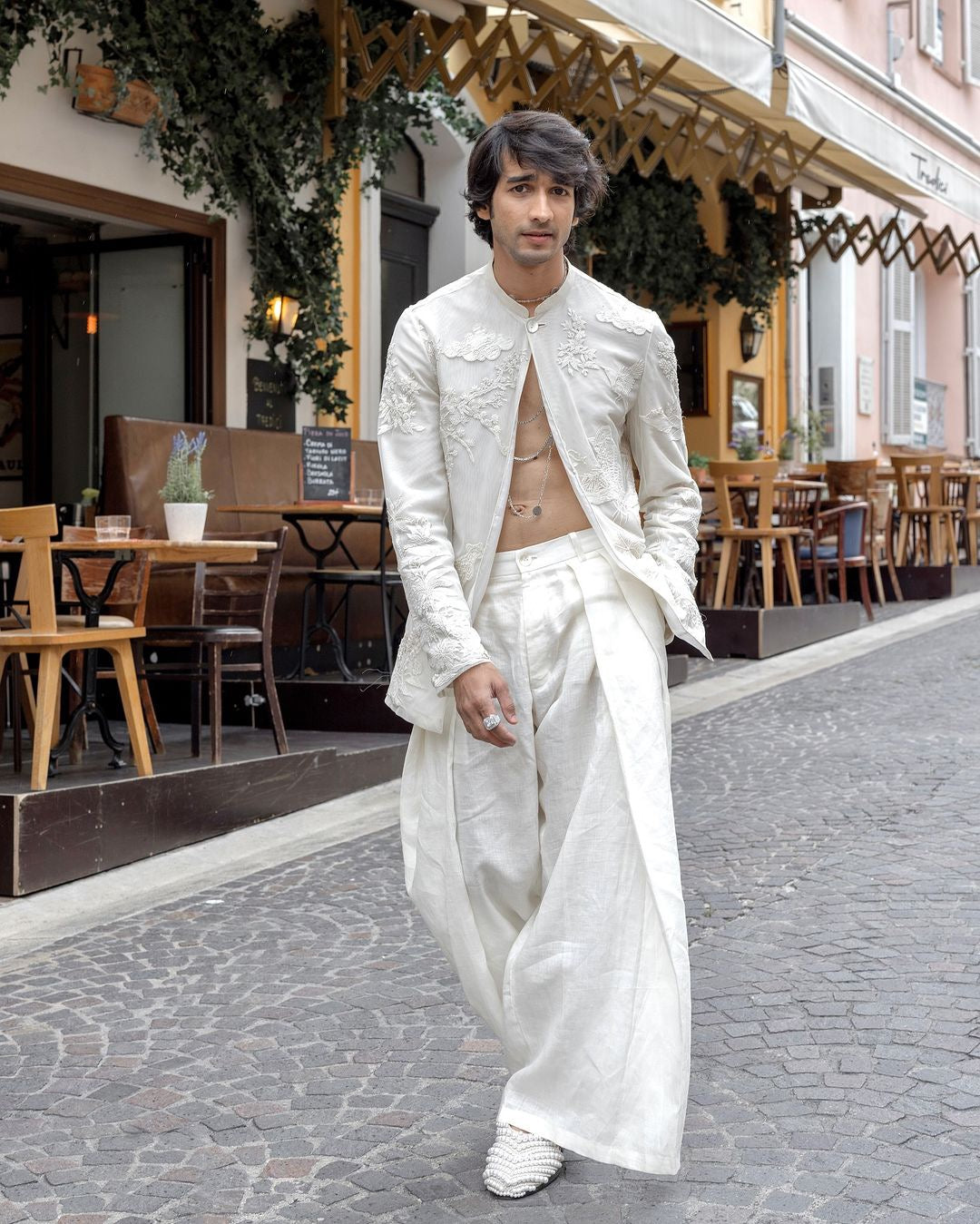 Shantanu in Rohit Bal’s Ivory Net Open Shirt with Floral Embroidery