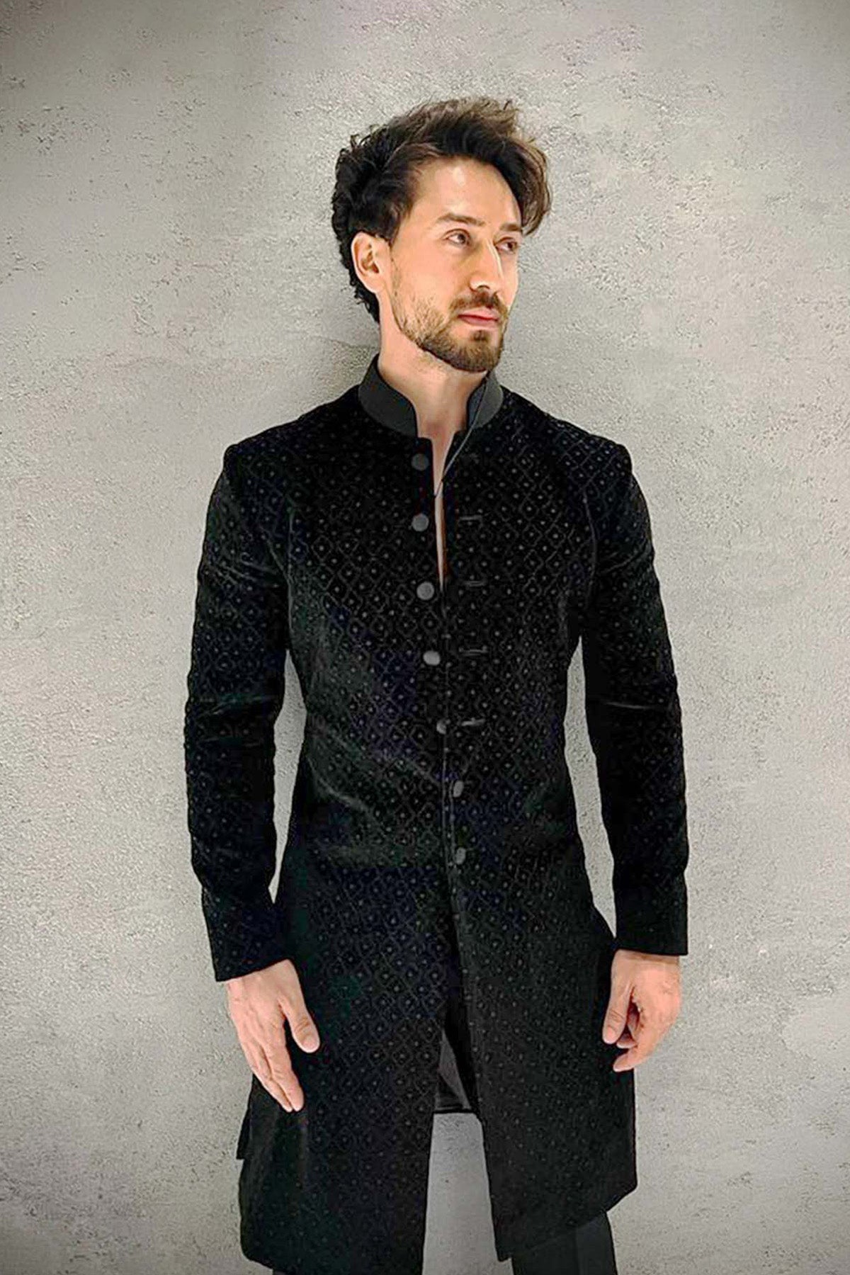 Black velvet Sherwani with burfi resham and emb work